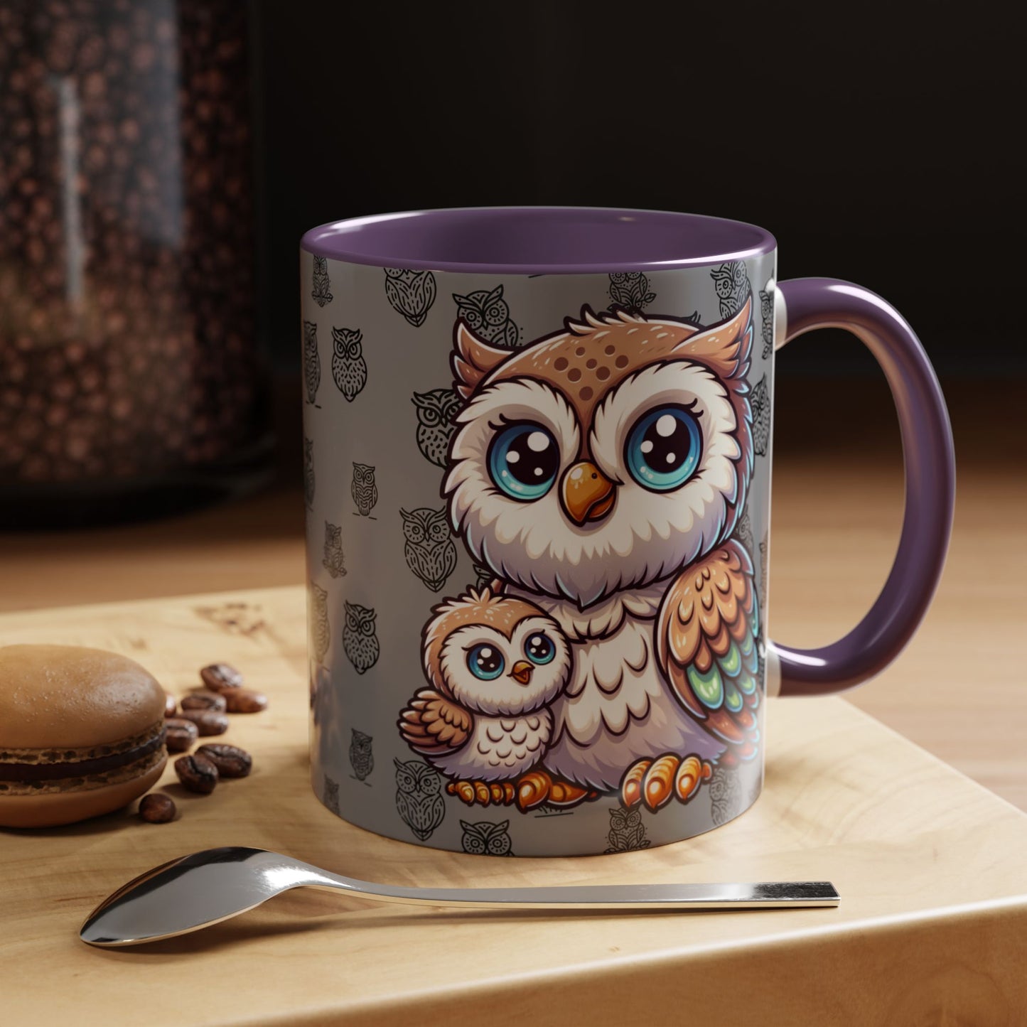 Gray Coffee Mug - Owl Family - Colorful Inspirational Owl Design