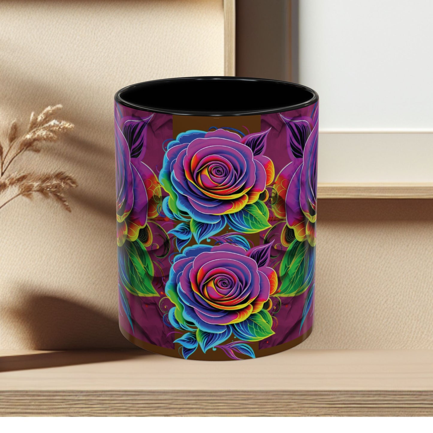 Rainbow Rose Accent Coffee Mug — Colorful Floral 11/15oz
