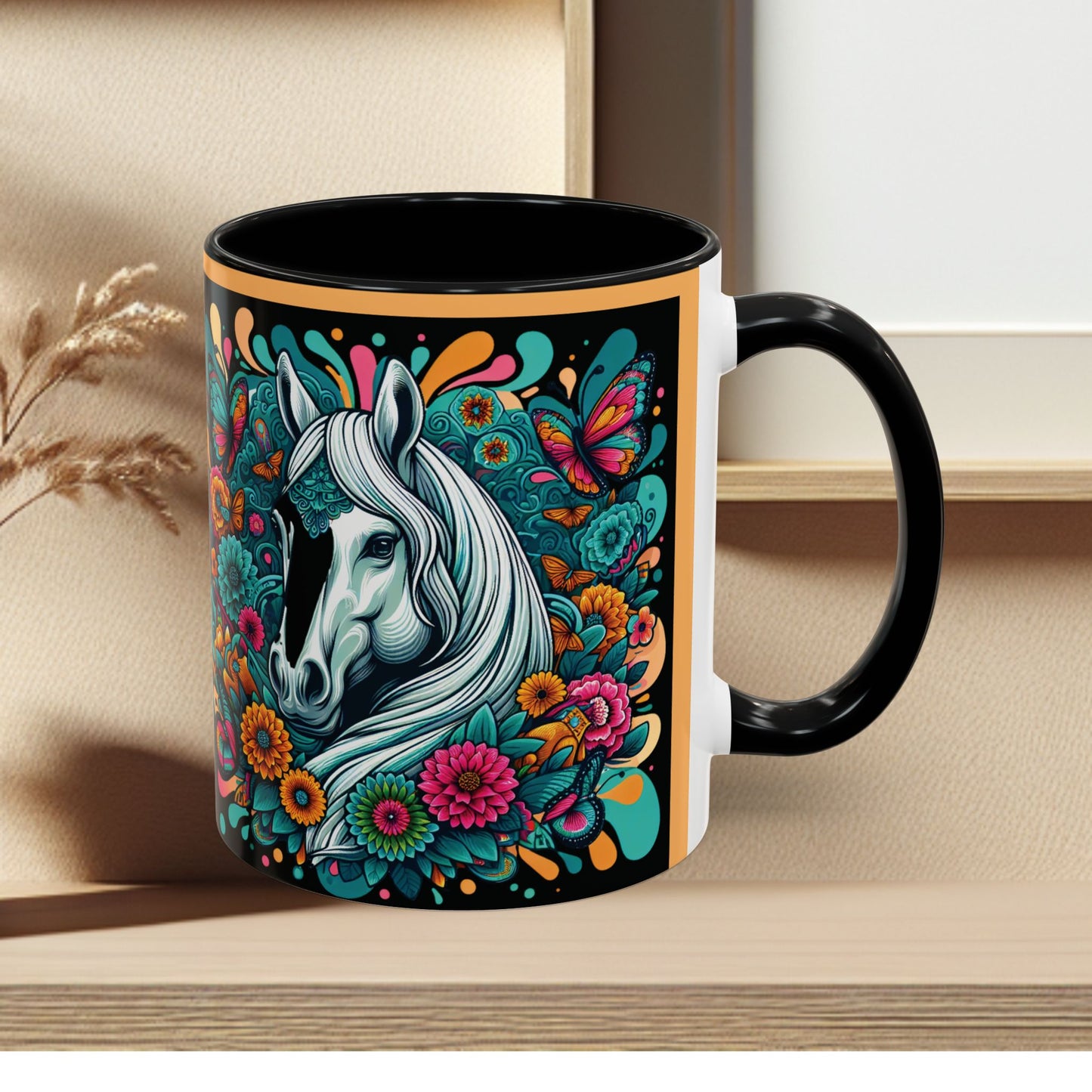 Coffee Mug White Horses with Blue Highlights in Flowers - Mug