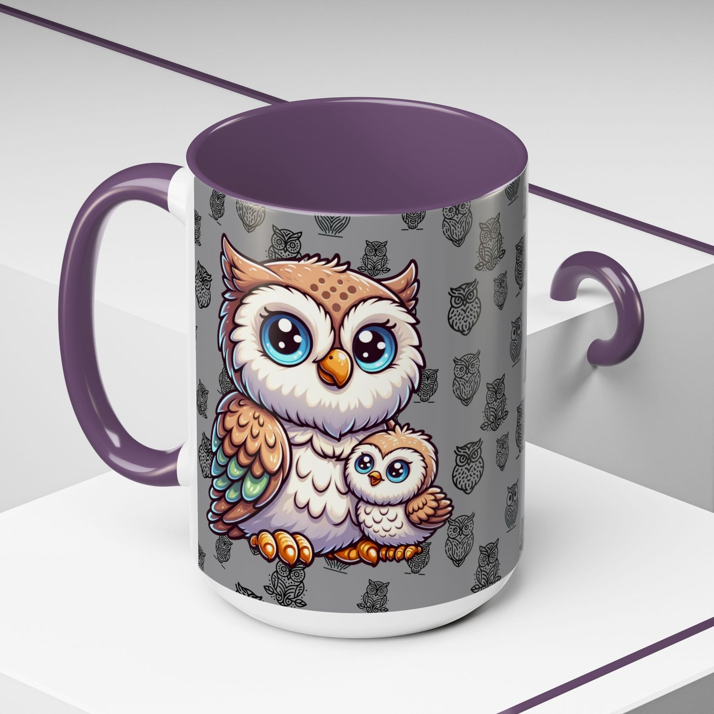 Gray Coffee Mug - Owl Family - Colorful Inspirational Owl Design