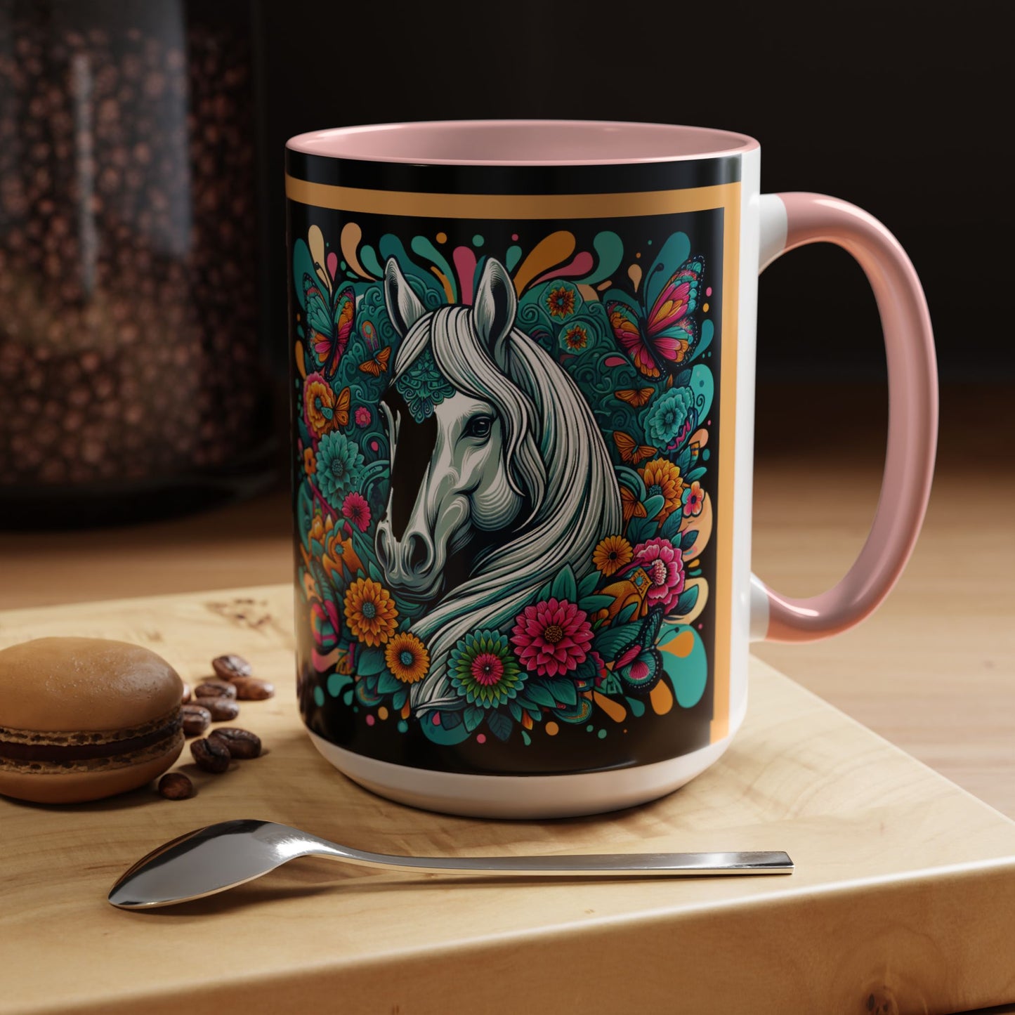 Coffee Mug White Horses with Blue Highlights in Flowers - Mug