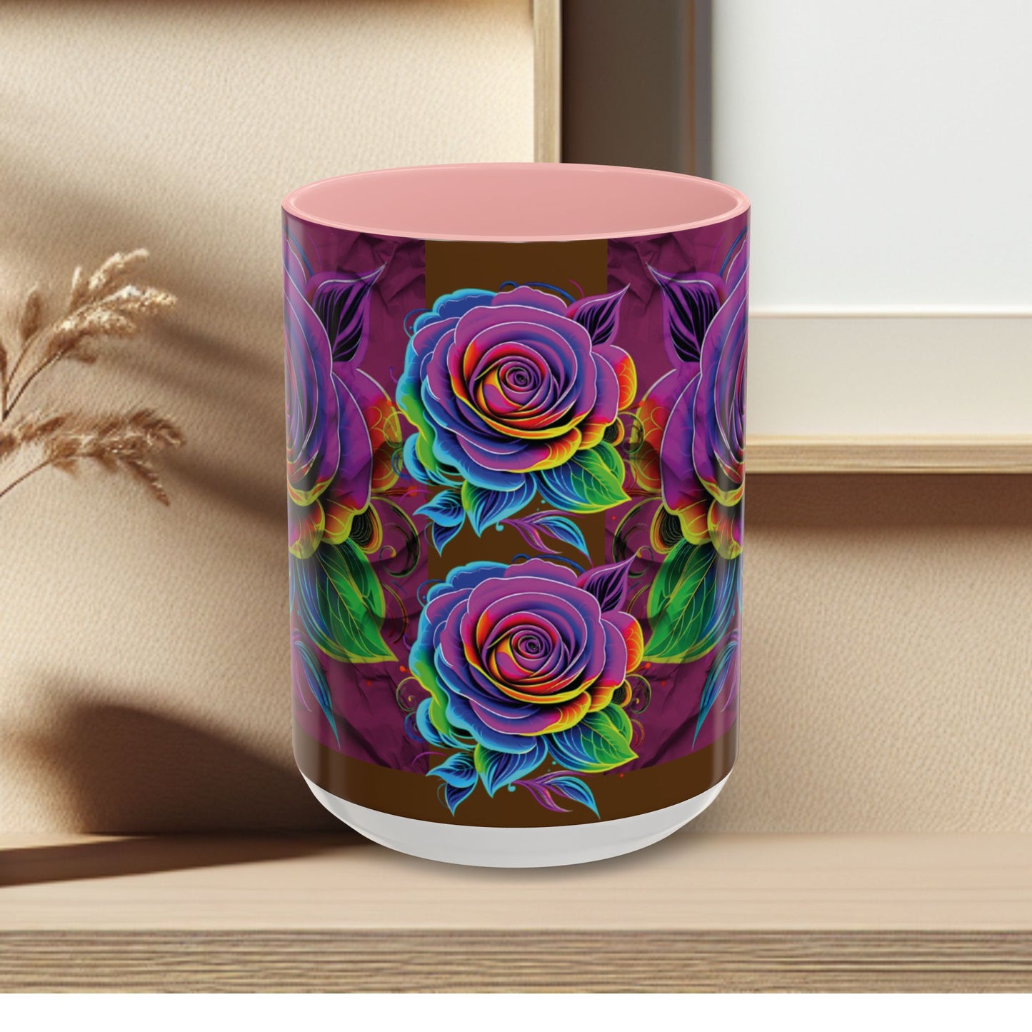 Rainbow Rose Accent Coffee Mug — Colorful Floral 11/15oz