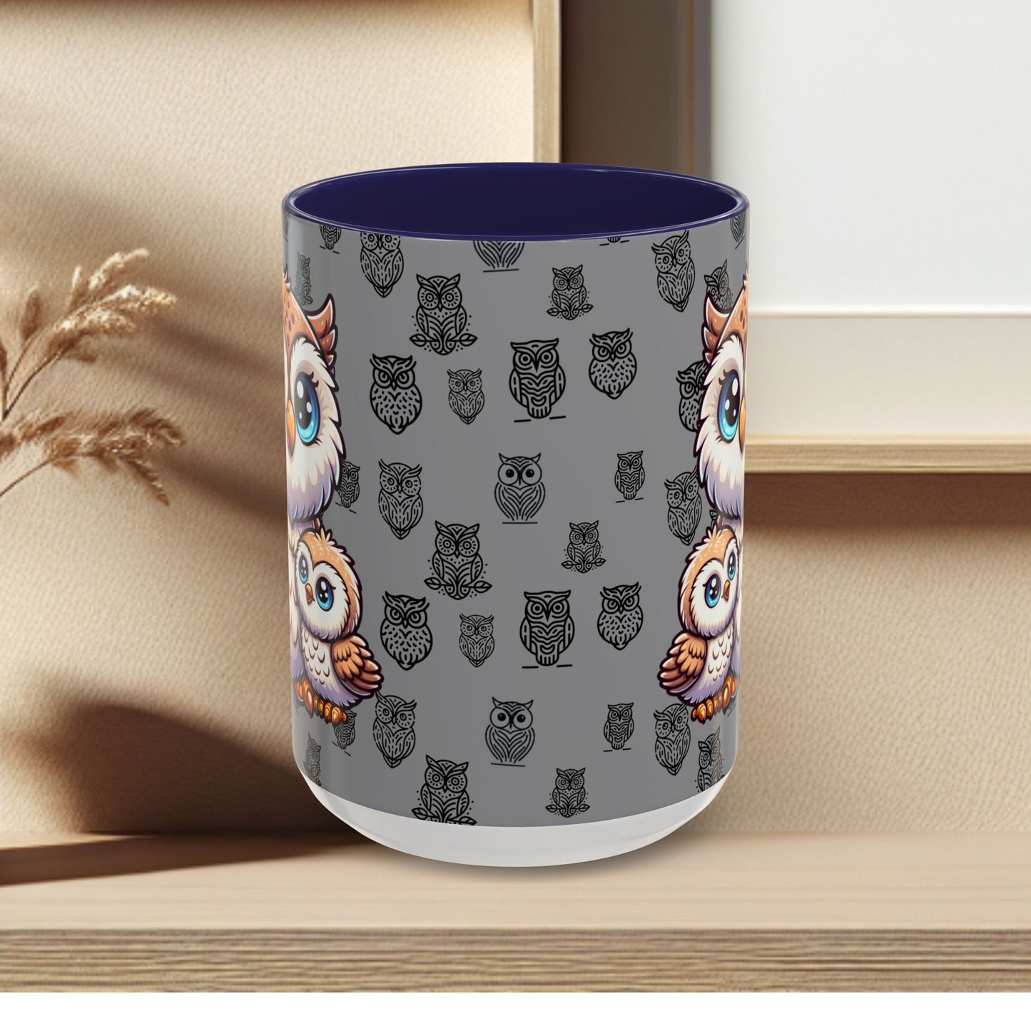 Gray Coffee Mug - Owl Family - Colorful Inspirational Owl Design