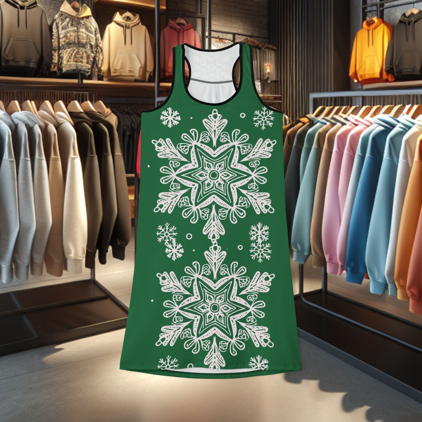 Festive Racerback Green Dress with Snowflakes