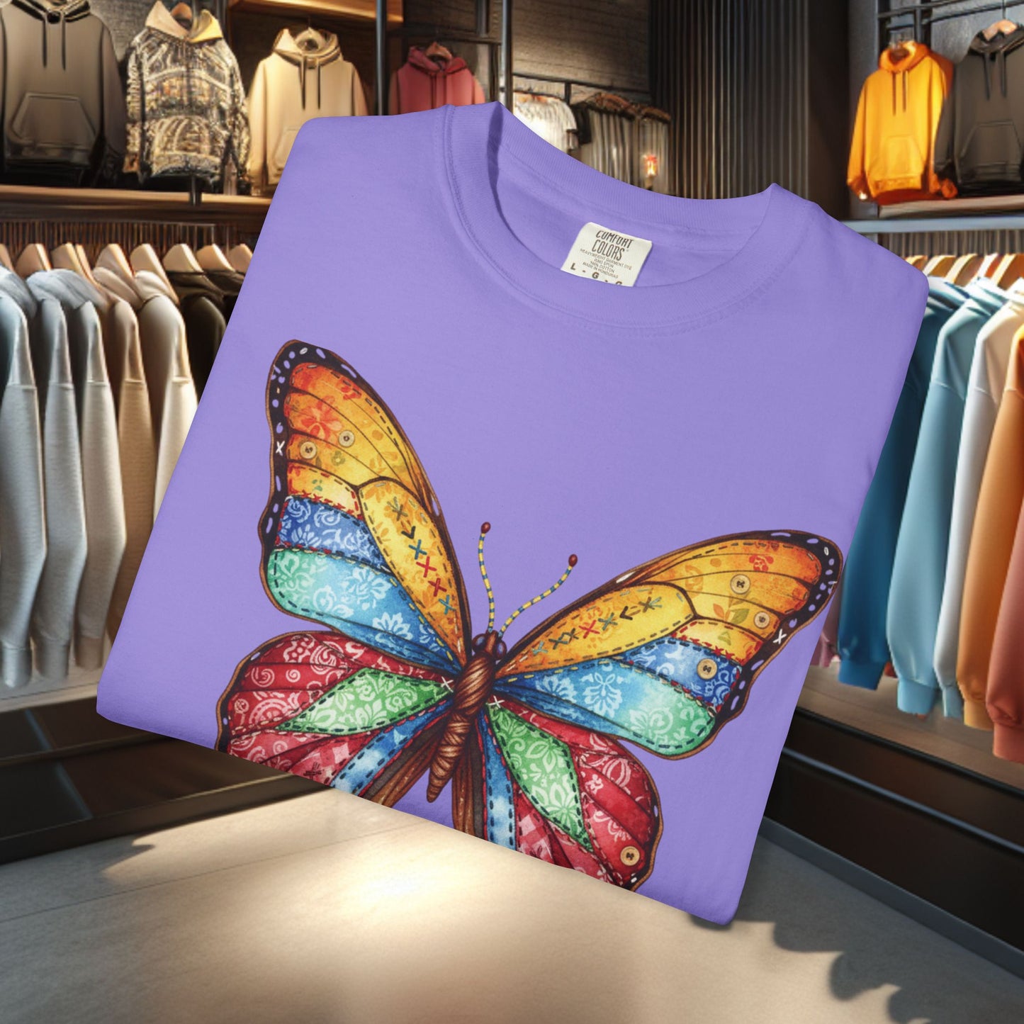 Bright Colorful Patchwork Butterfly T-Shirt — pho Patchwork Garment-Dyed Top