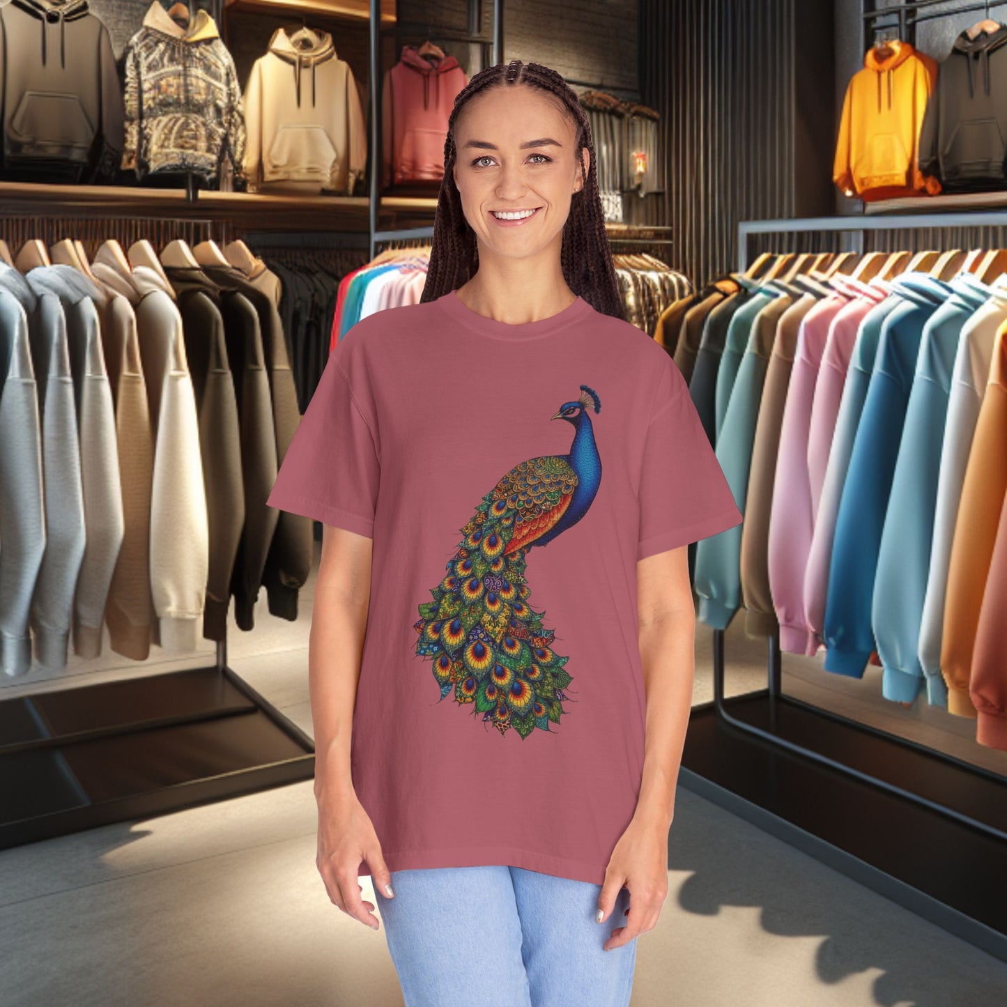 Patchwork Peacock, Garment-Dyed T-Shirt — pho Patchwork Festive Top