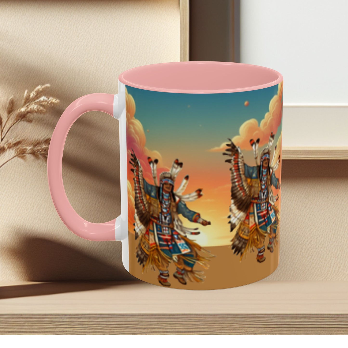 Sunset Powwow Ceramic Mug — Native American Dancer Accent Coffee Mug (11/15oz)
