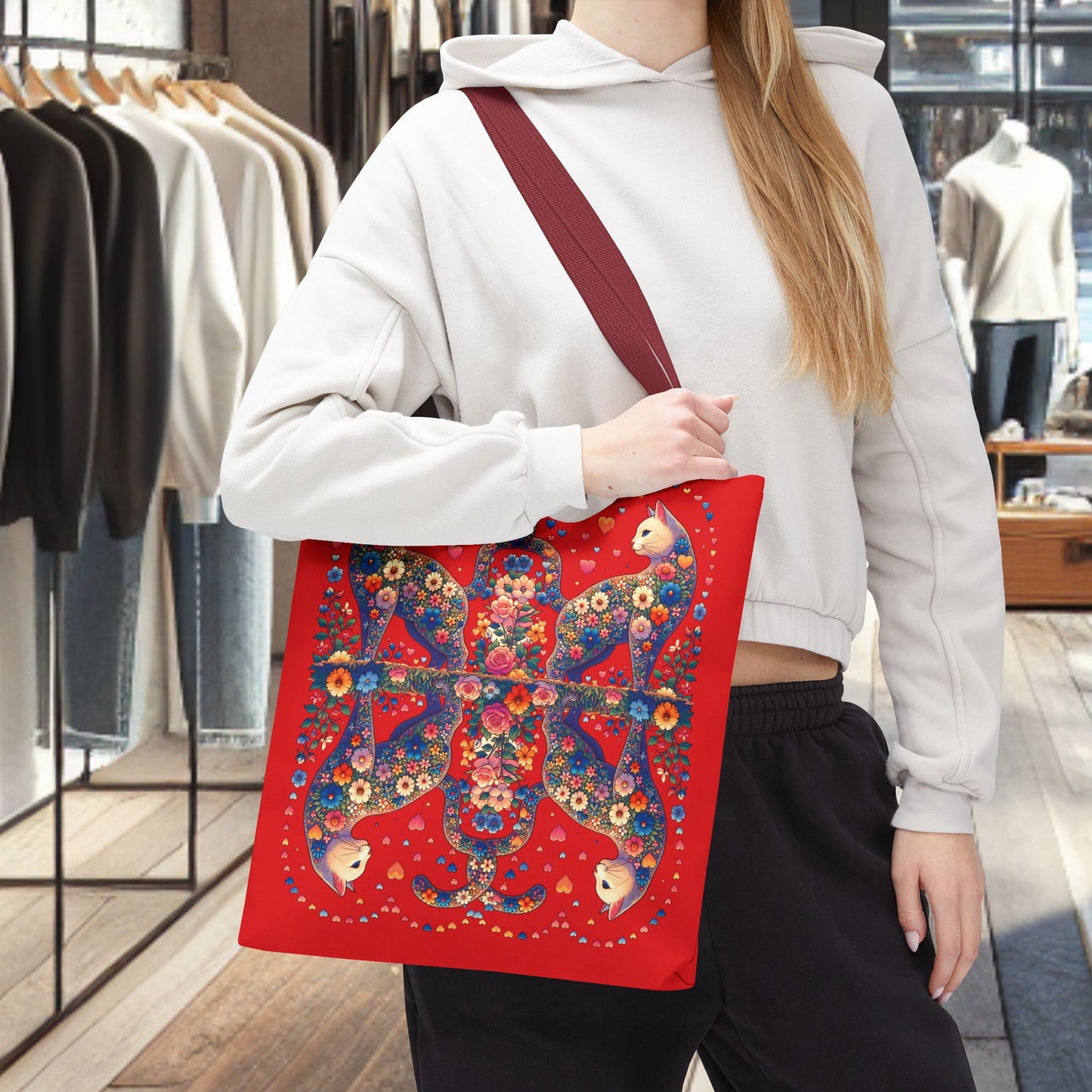 Loving Cat Flower Mozaic Tote Bag Dark Red