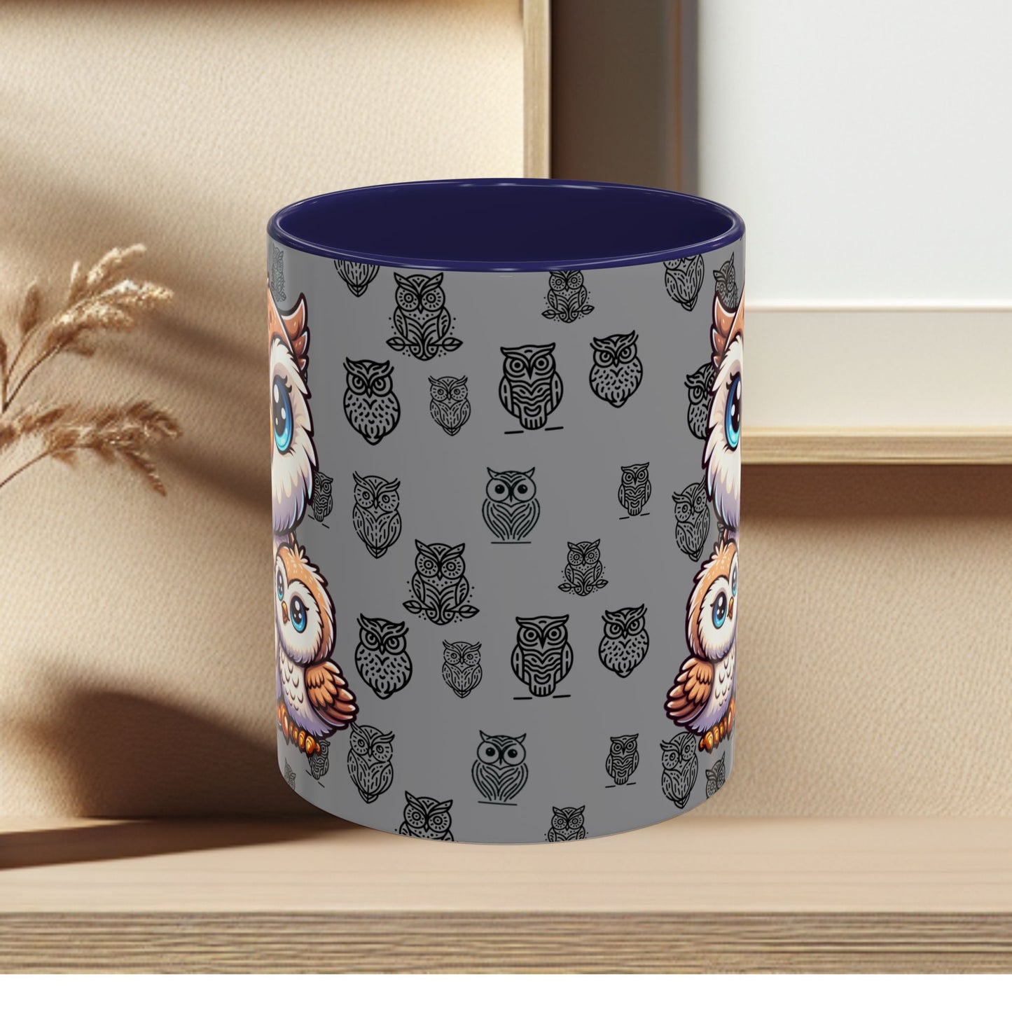Gray Coffee Mug - Owl Family - Colorful Inspirational Owl Design