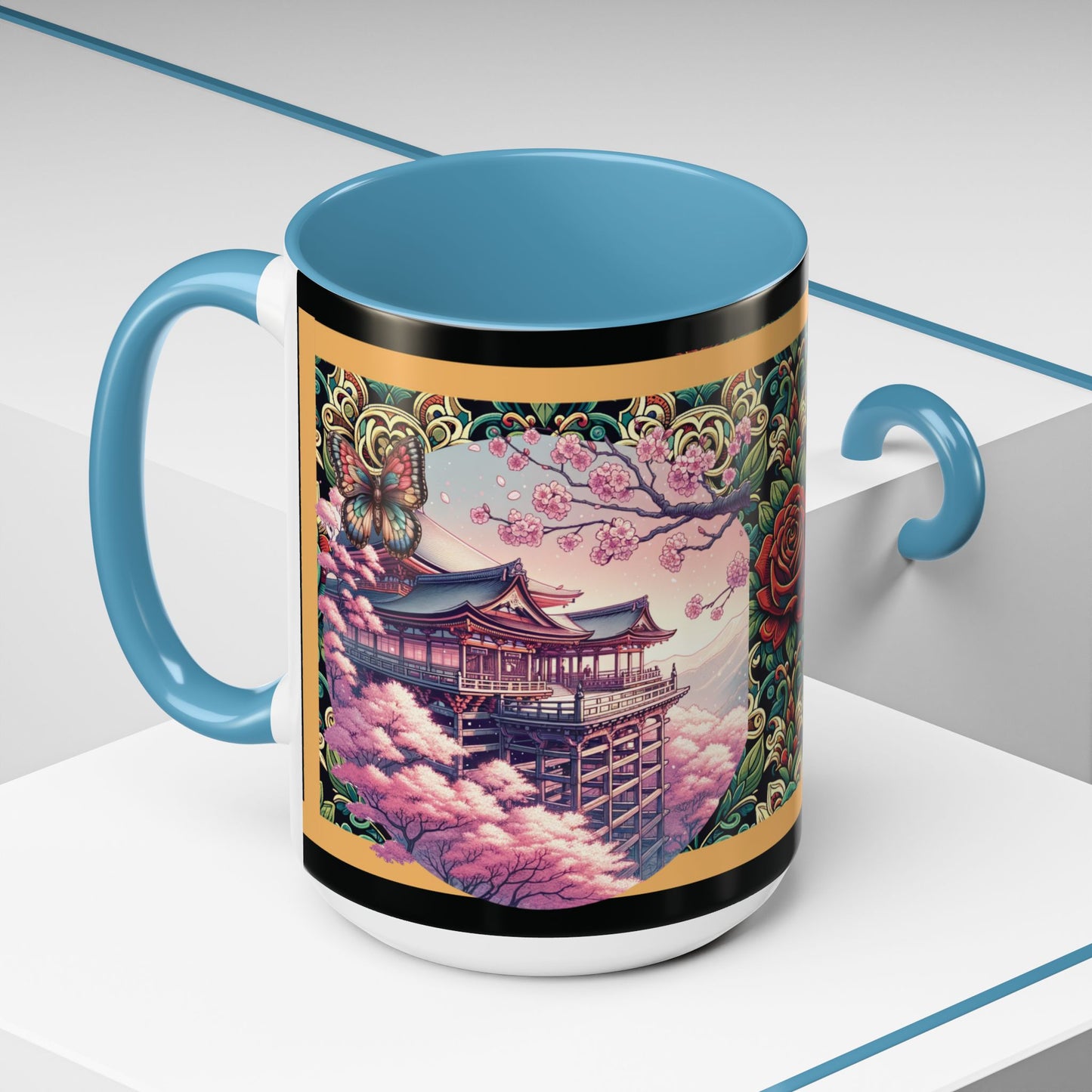 Mug - Sakura Butterfly Coffee Mug with Cherry Blossoms and a Rose
