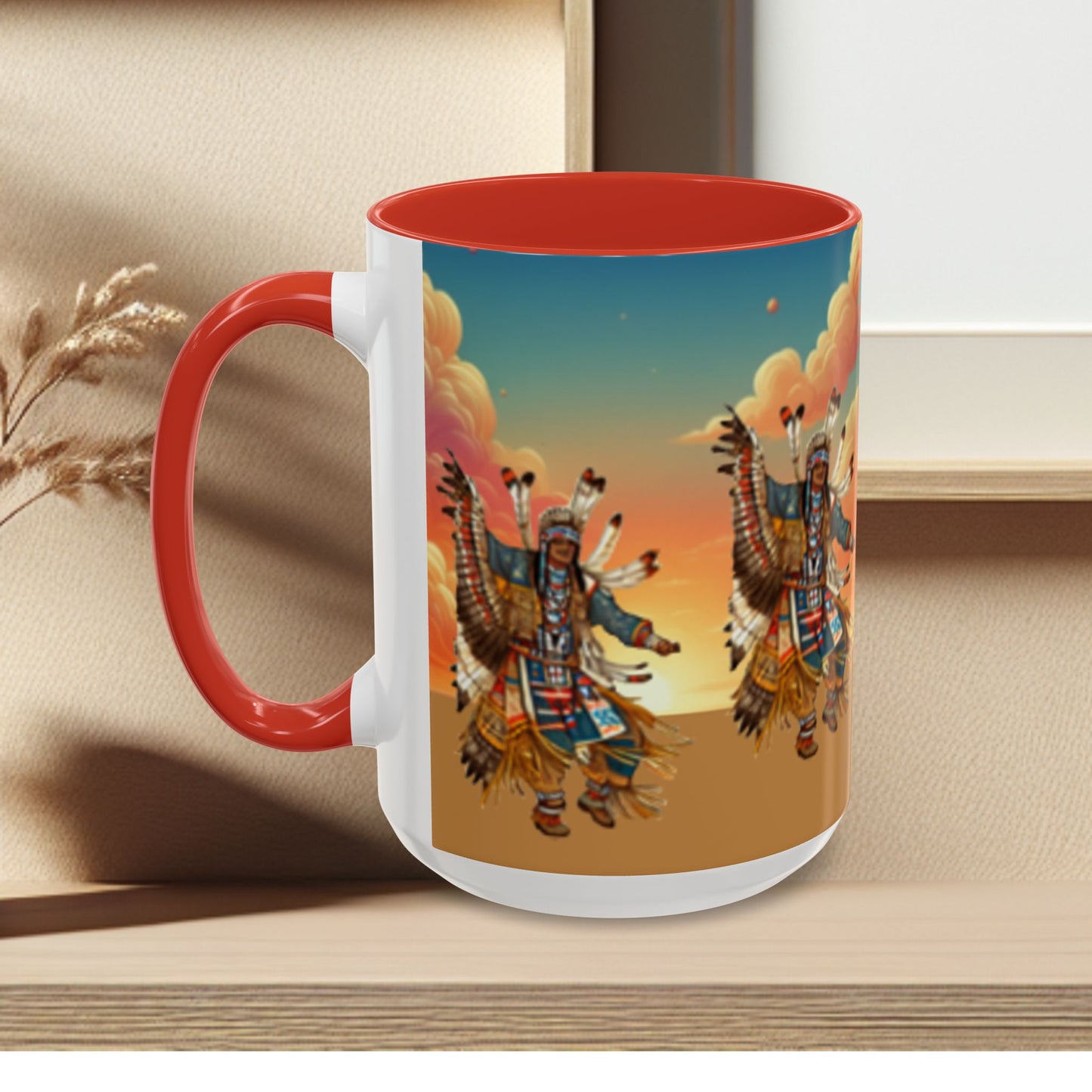 Sunset Powwow Ceramic Mug — Native American Dancer Accent Coffee Mug (11/15oz)