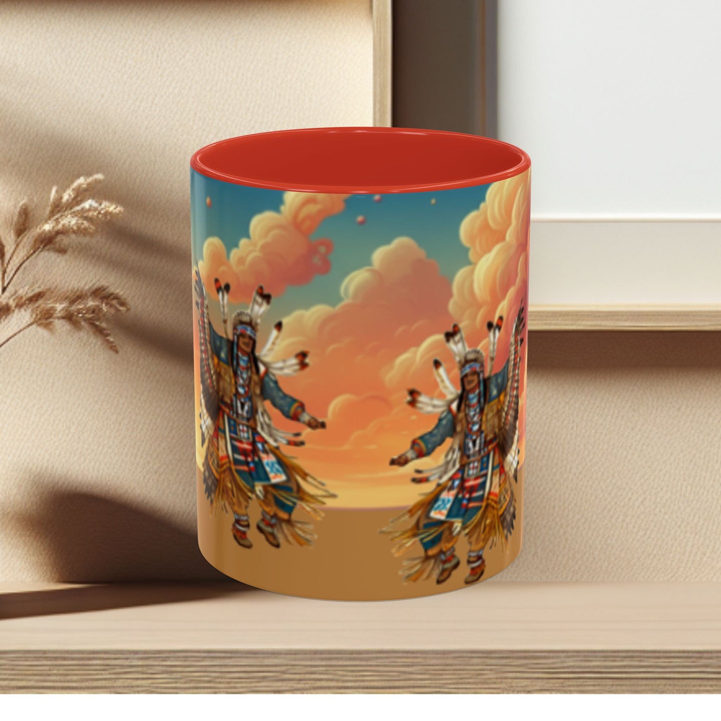 Sunset Powwow Ceramic Mug — Native American Dancer Accent Coffee Mug (11/15oz)