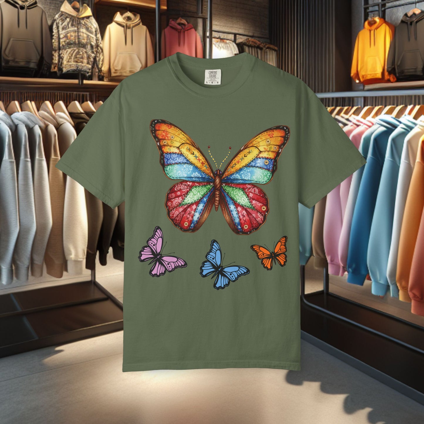 Bright Colorful Patchwork Butterfly T-Shirt — pho Patchwork Garment-Dyed Top