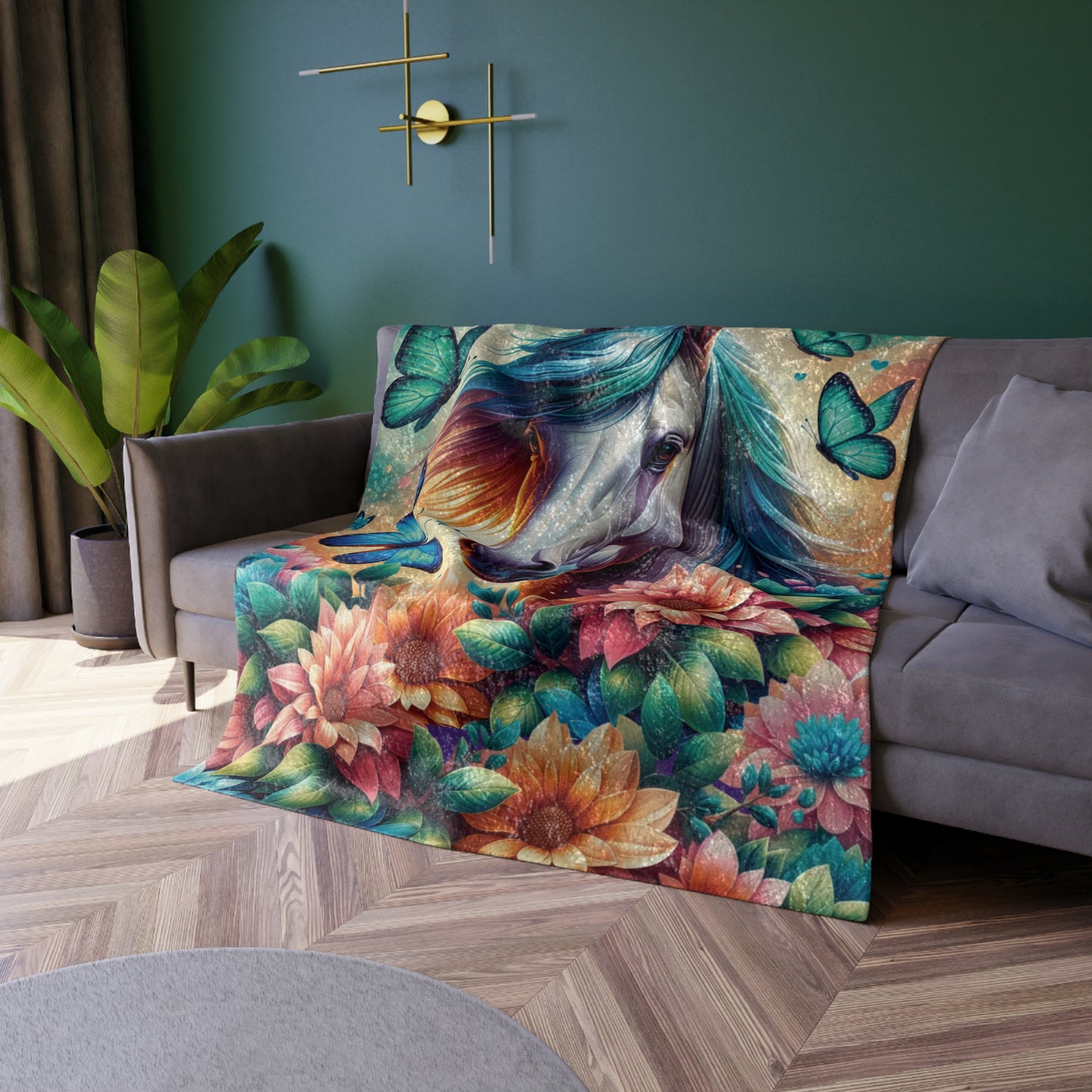Horse & Butterflies Floral-Crushed Velvet Blanket - Throw