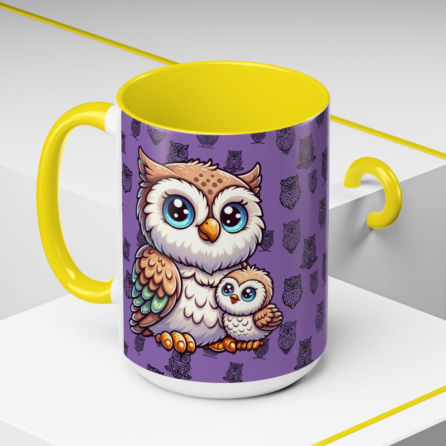 Purple Coffee Mug - Owl Family - Colorful Inspirational Owl Design