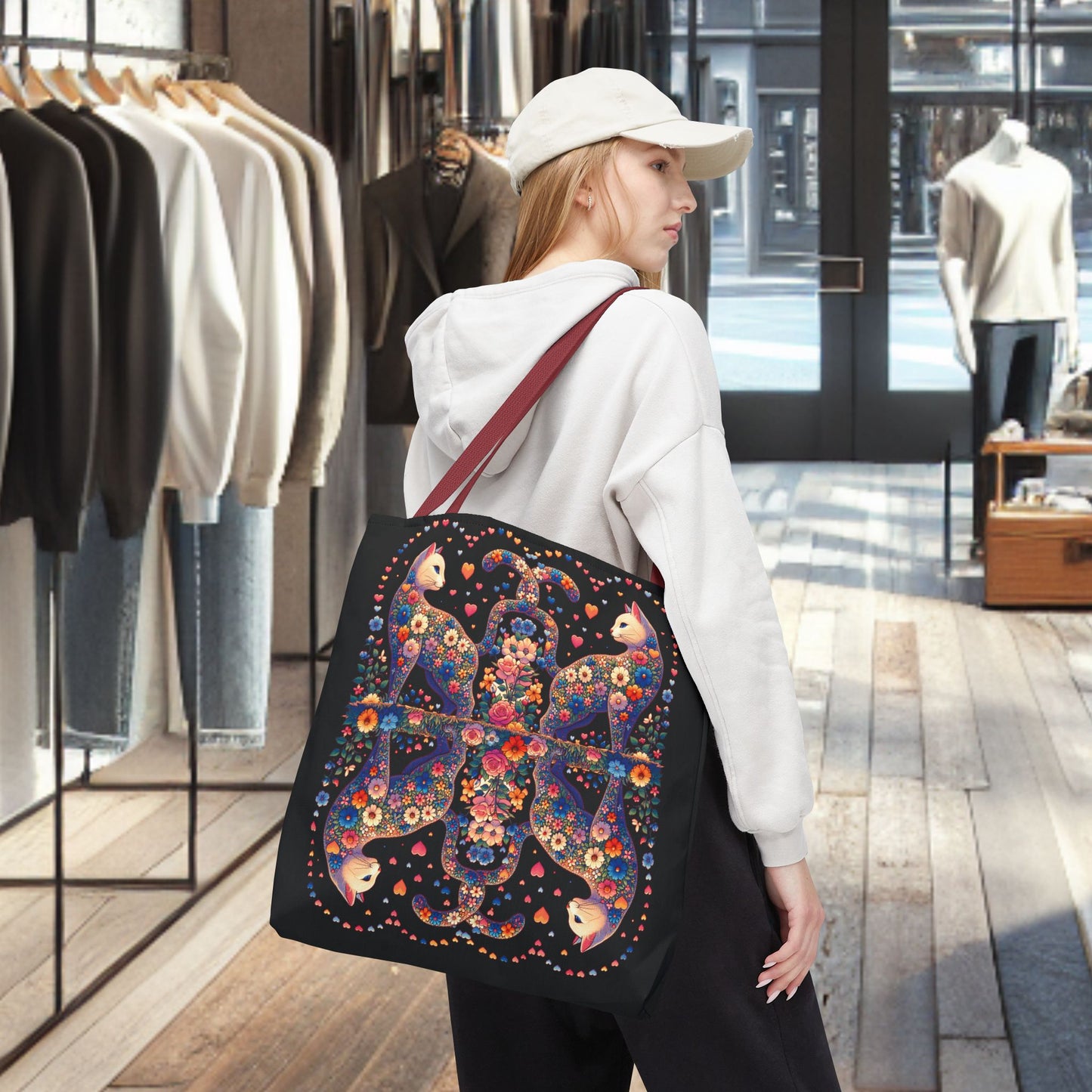 Mosaic Loving Cat Black Tote Bag (AOP)