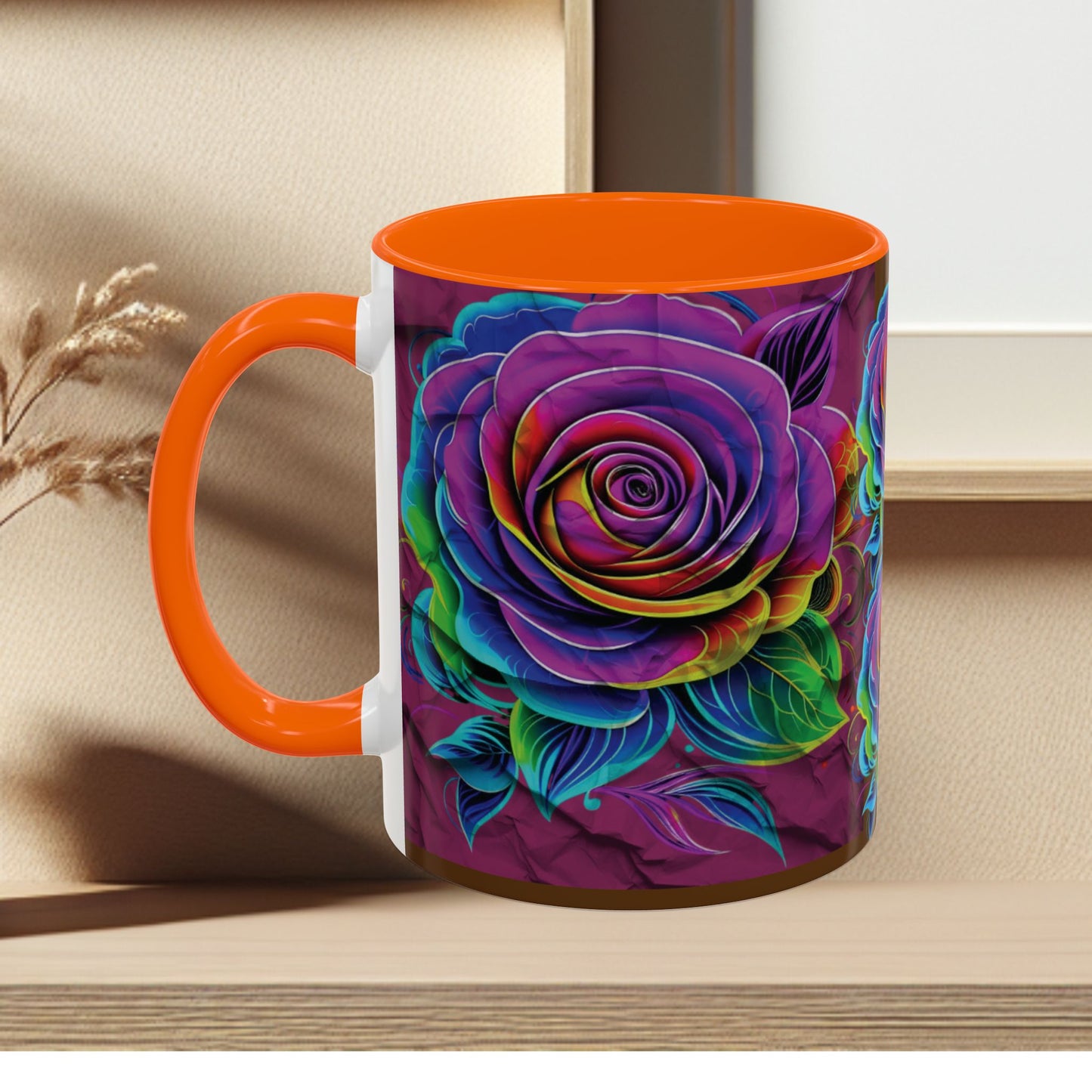 Rainbow Rose Accent Coffee Mug — Colorful Floral 11/15oz