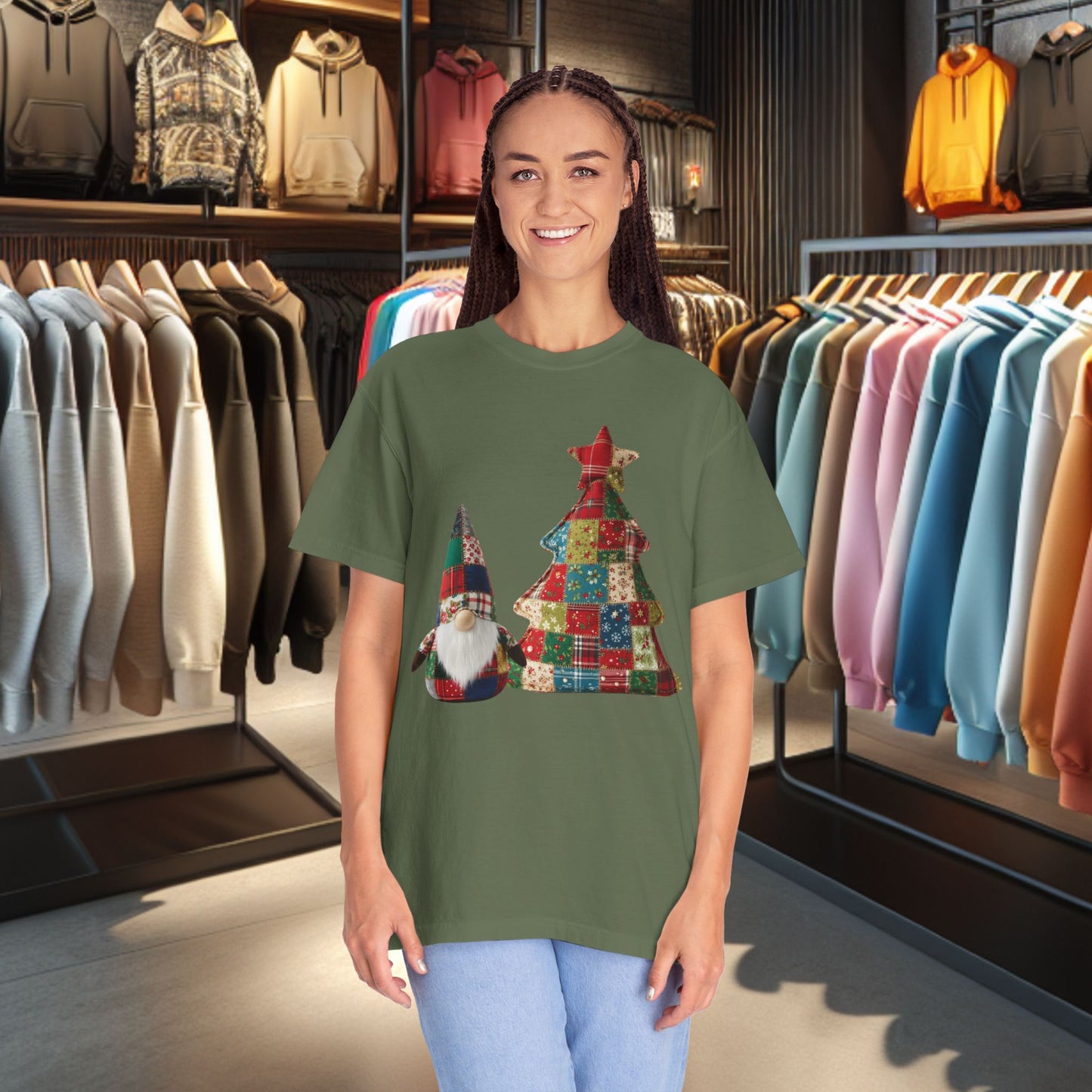 Patchwork Gnome and Christmas Tree, Garment-Dyed T-Shirt — pho Patchwork Festive Top
