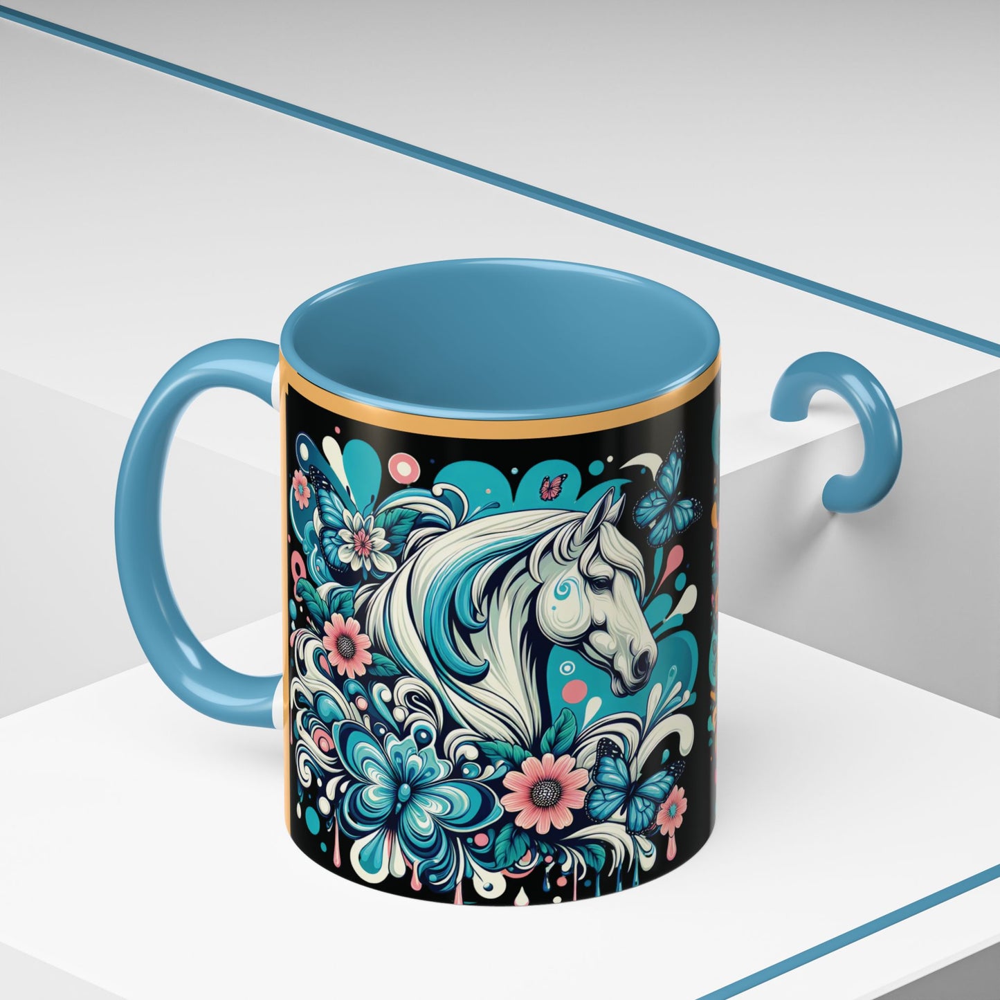 Coffee Mug White Horses with Blue Highlights in Flowers - Mug