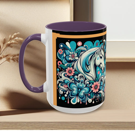 Coffee Mug White Horses with Blue Highlights in Flowers - Mug