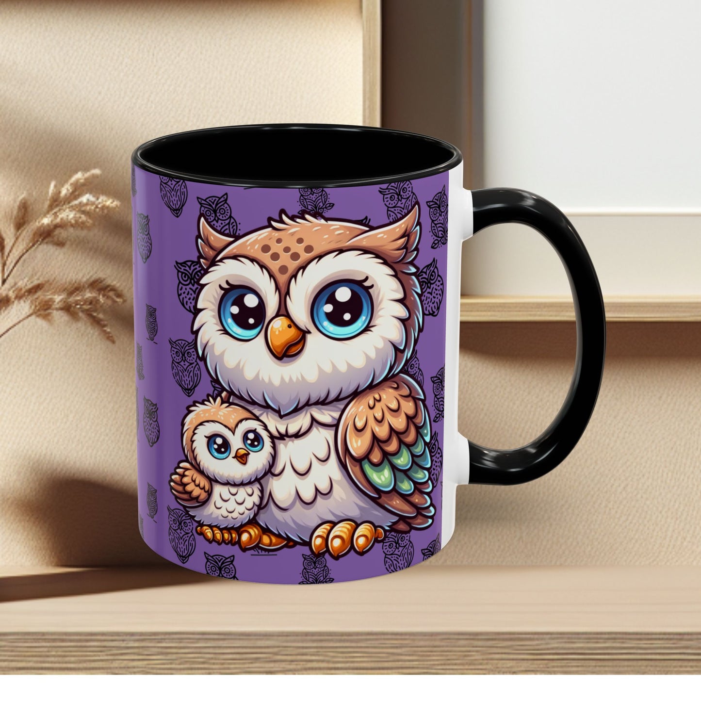 Purple Coffee Mug - Owl Family - Colorful Inspirational Owl Design