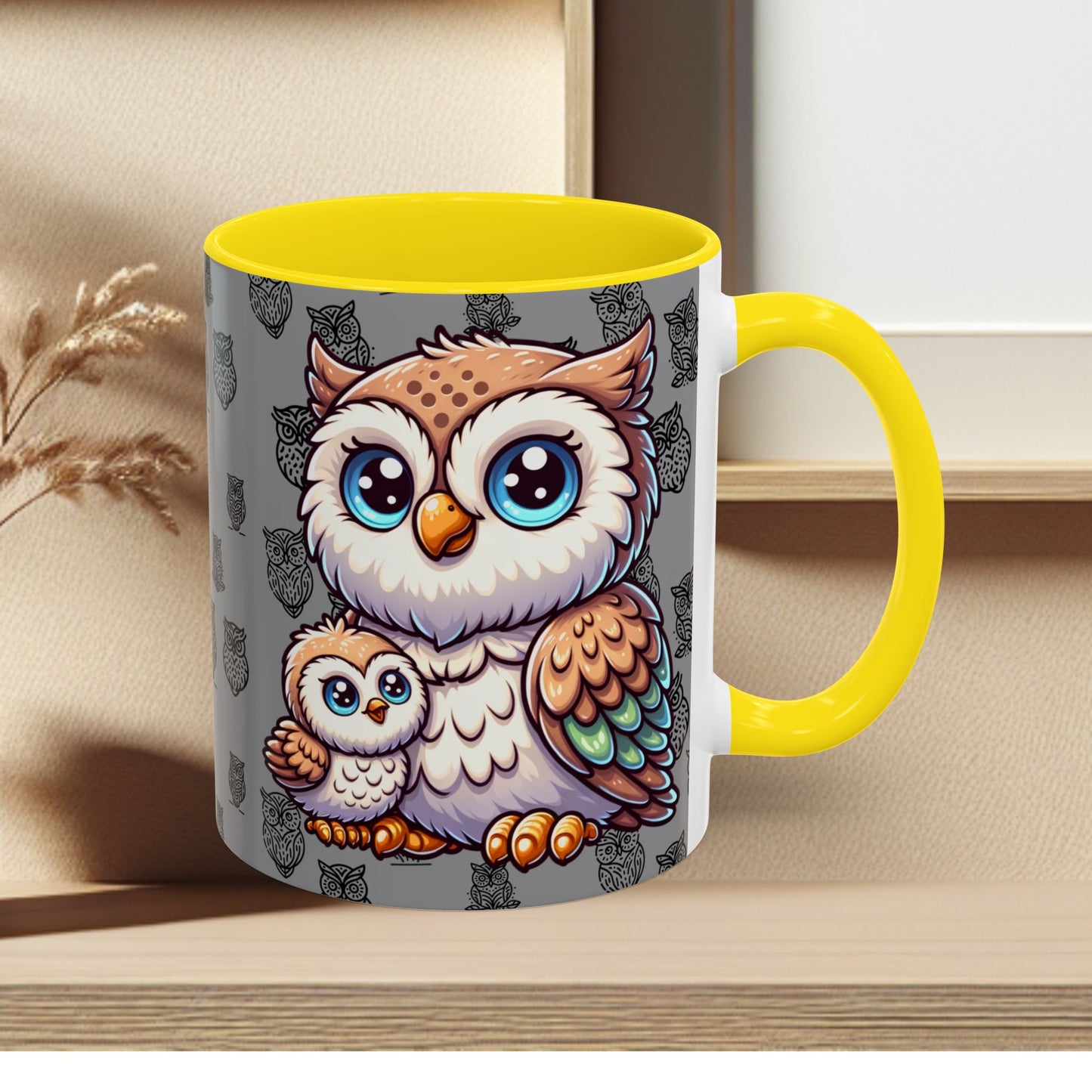 Gray Coffee Mug - Owl Family - Colorful Inspirational Owl Design
