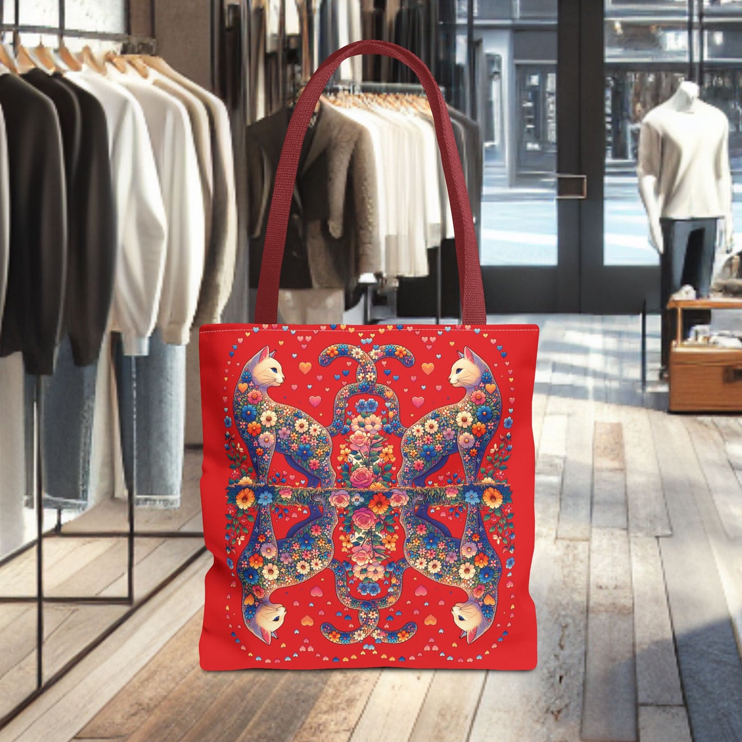 Loving Cat Flower Mozaic Tote Bag Dark Red