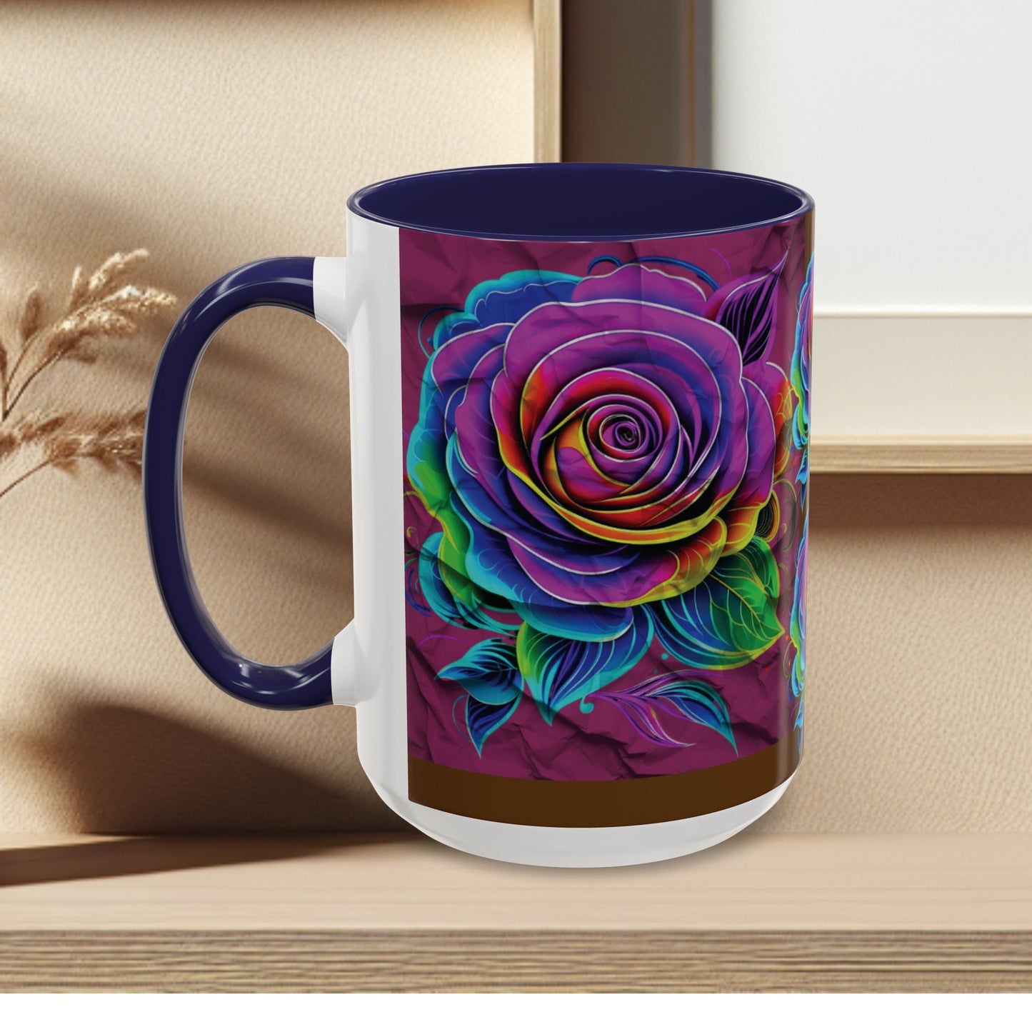 Rainbow Rose Accent Coffee Mug — Colorful Floral 11/15oz