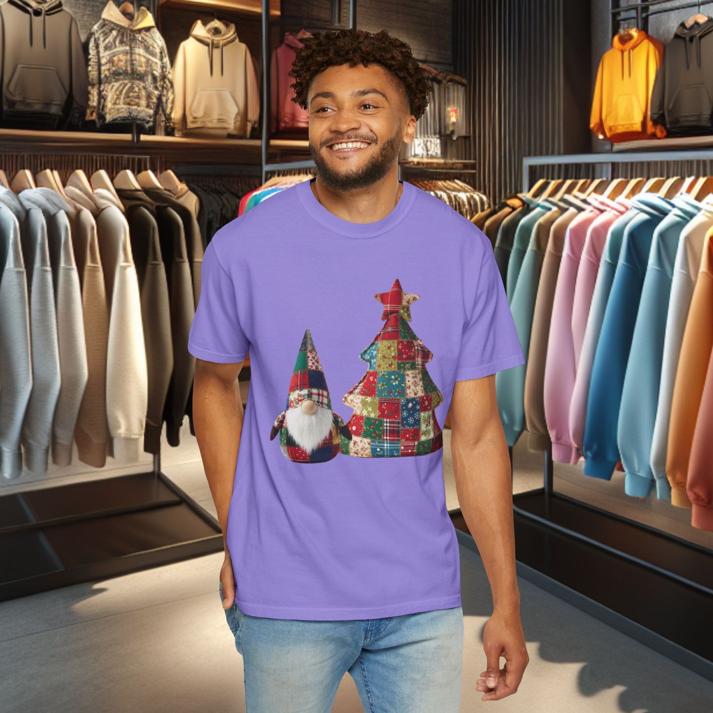 Patchwork Gnome and Christmas Tree, Garment-Dyed T-Shirt — pho Patchwork Festive Top
