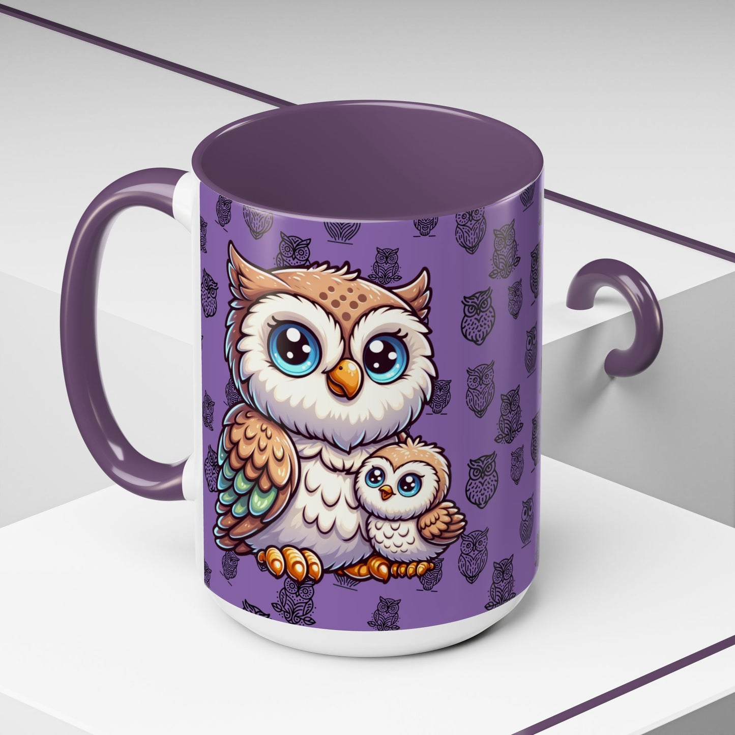 Purple Coffee Mug - Owl Family - Colorful Inspirational Owl Design