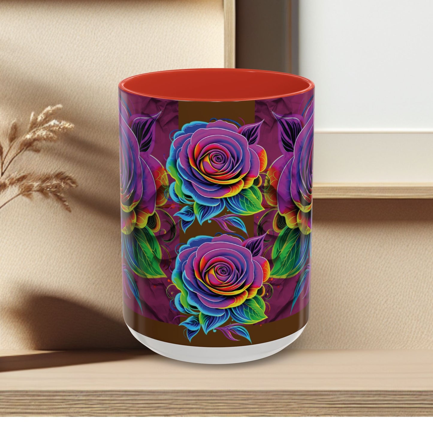 Rainbow Rose Accent Coffee Mug — Colorful Floral 11/15oz