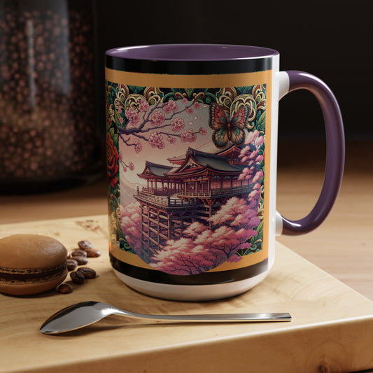 Mug - Sakura Butterfly Coffee Mug with Cherry Blossoms and a Rose