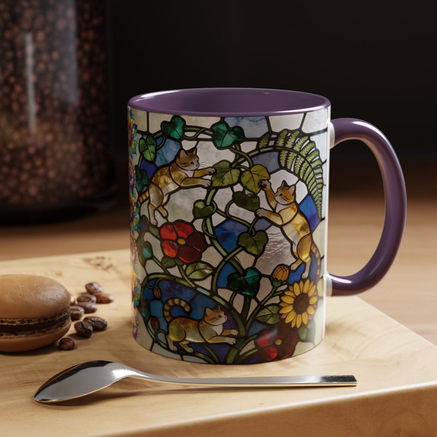 Stained Glass Cats Accent Coffee Mug – Floral Tiffany-Style 11/15oz