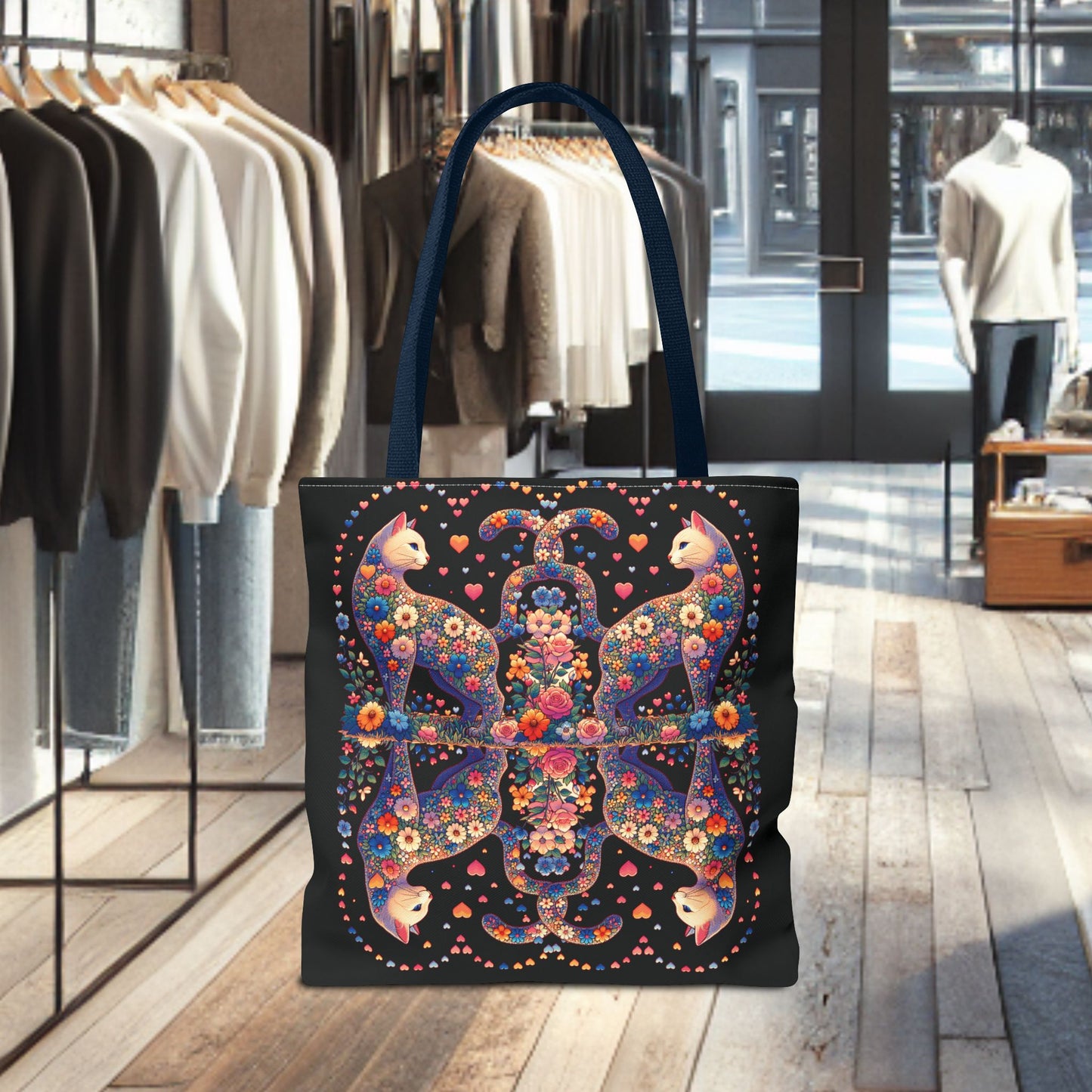 Mosaic Loving Cat Black Tote Bag (AOP)