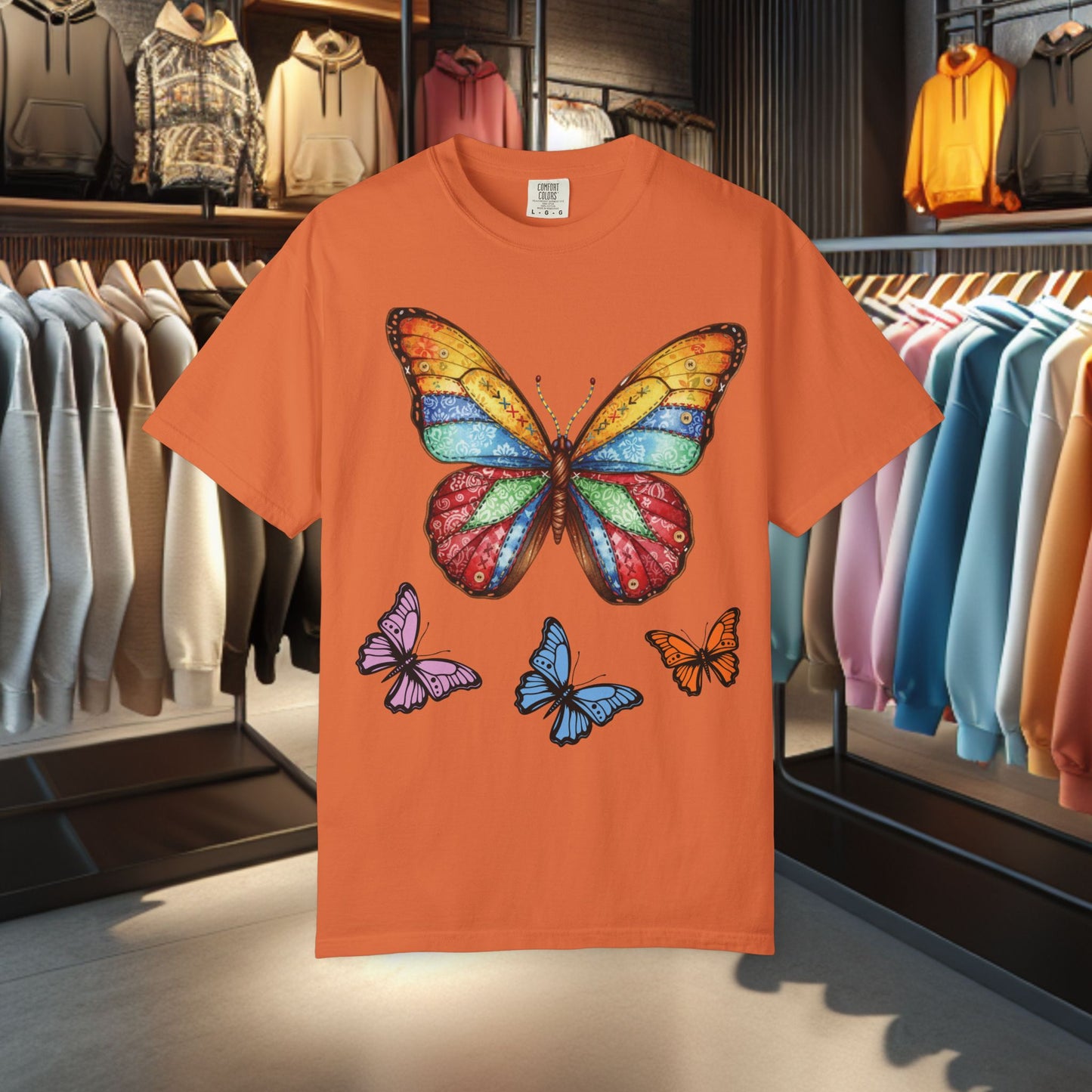 Bright Colorful Patchwork Butterfly T-Shirt — pho Patchwork Garment-Dyed Top