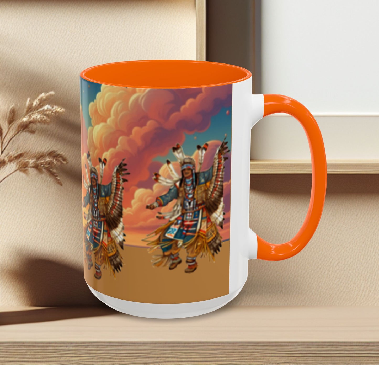 Sunset Powwow Ceramic Mug — Native American Dancer Accent Coffee Mug (11/15oz)