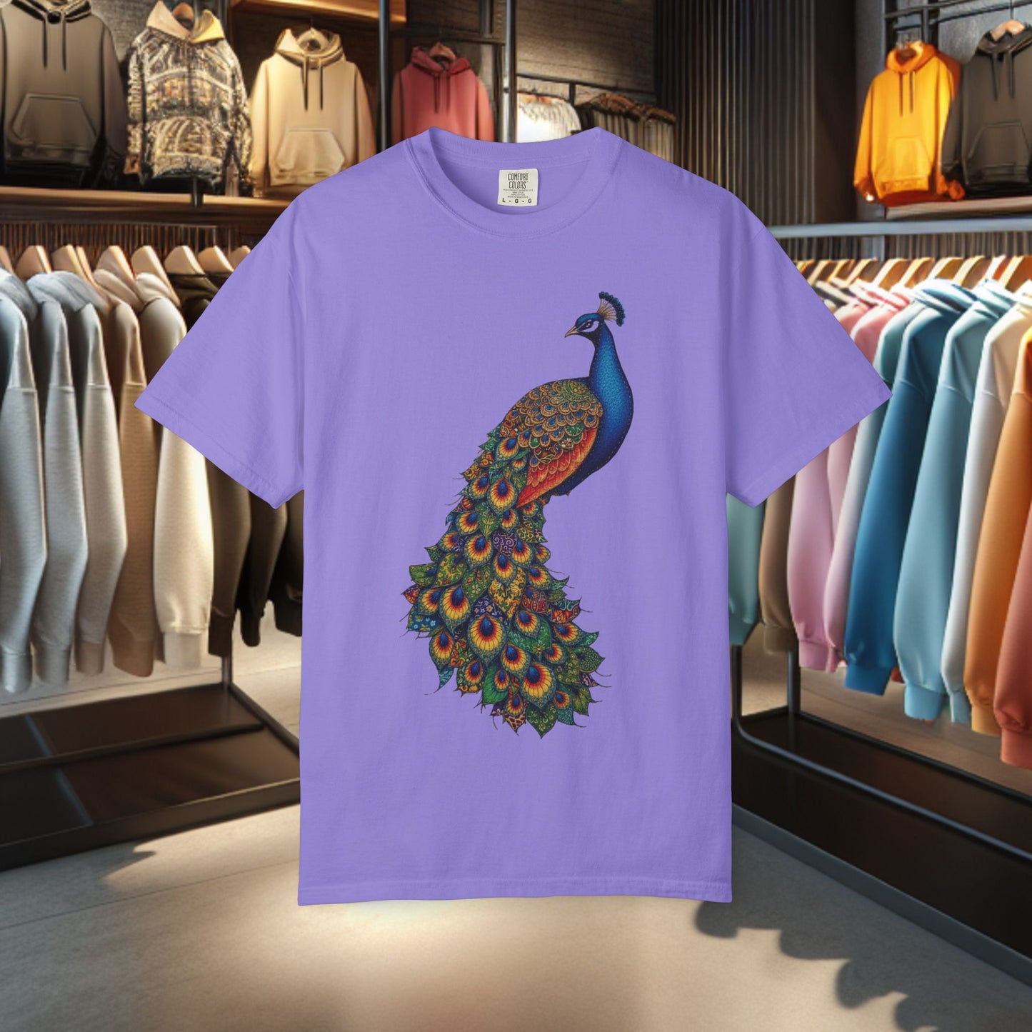 Patchwork Peacock, Garment-Dyed T-Shirt — pho Patchwork Festive Top