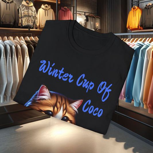 a Cat Sipping on a Cup Of Coco Unisex T-Shirt - Winter Coco