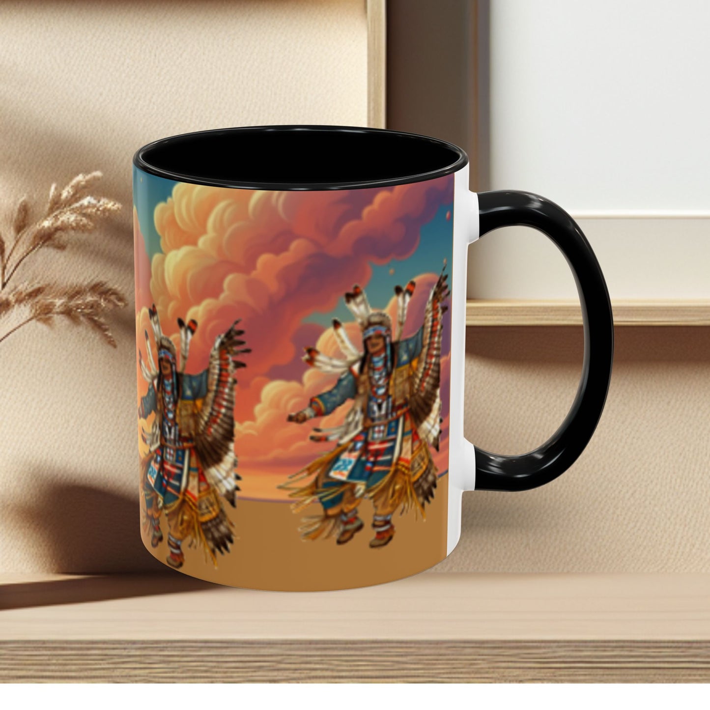 Sunset Powwow Ceramic Mug — Native American Dancer Accent Coffee Mug (11/15oz)