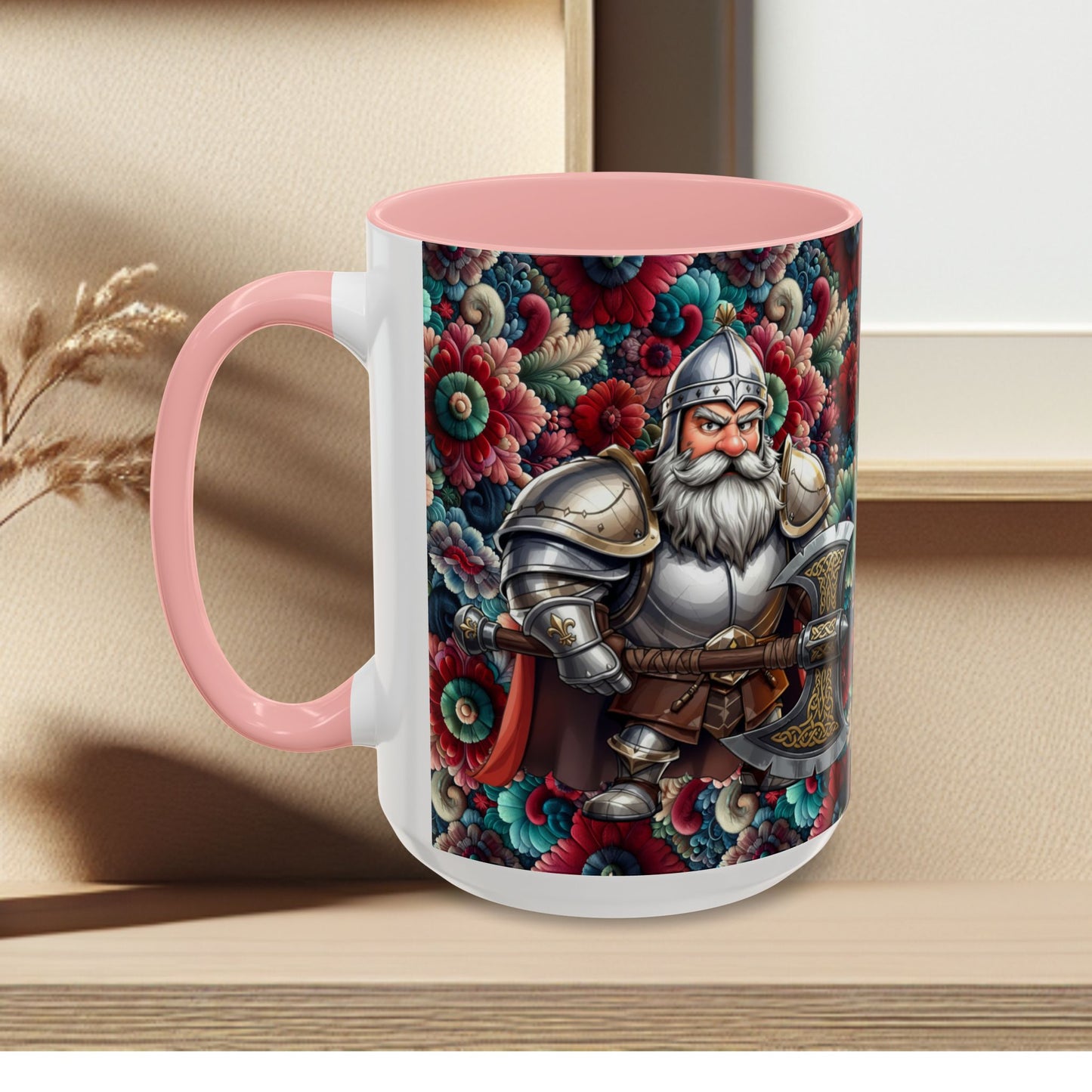 Adventurers Accent Coffee Mug — Dwarf within Armor with a Double-Bladed Battle Axe Design (11/15oz)