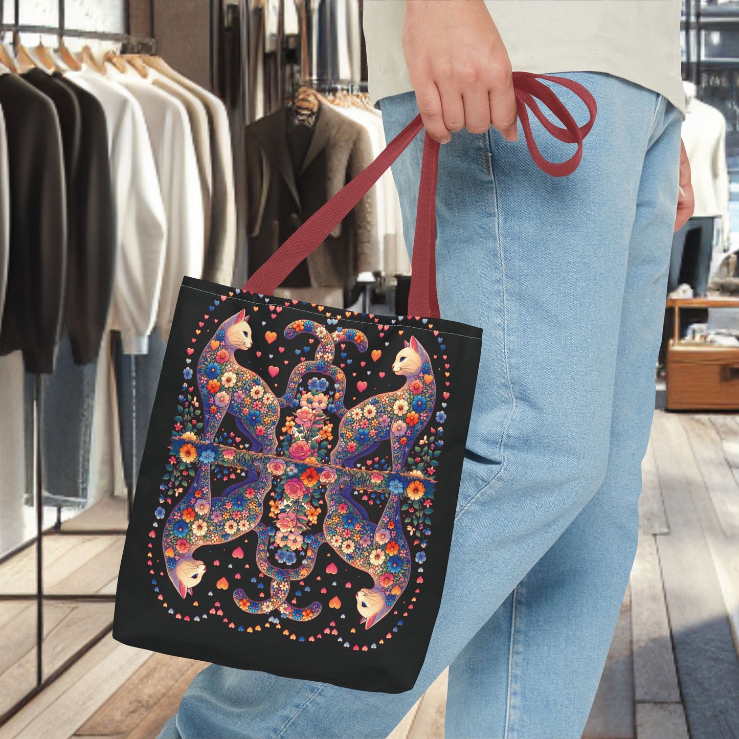 Mosaic Loving Cat Black Tote Bag (AOP)