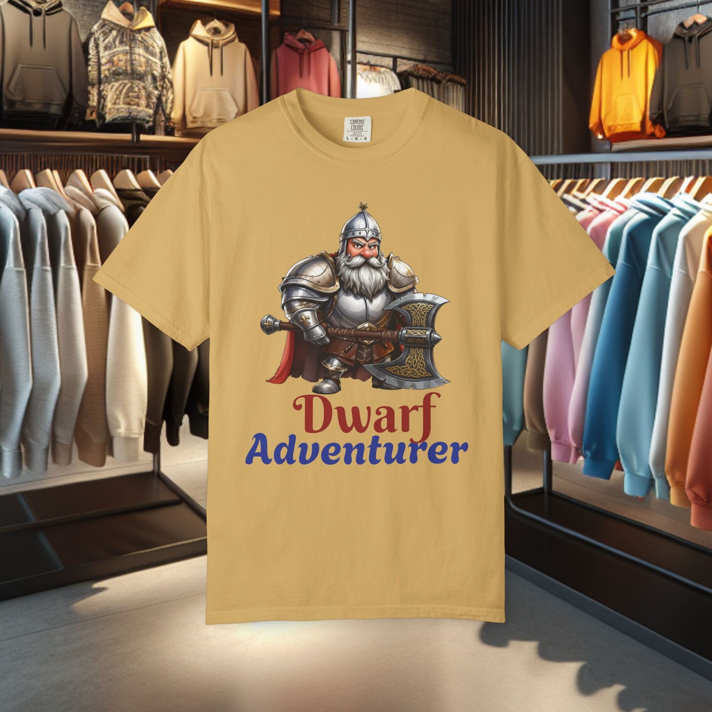 Dwarf Adventurer Tee — Dwarf with Armor and Battle Axe Graphic T-Shirt