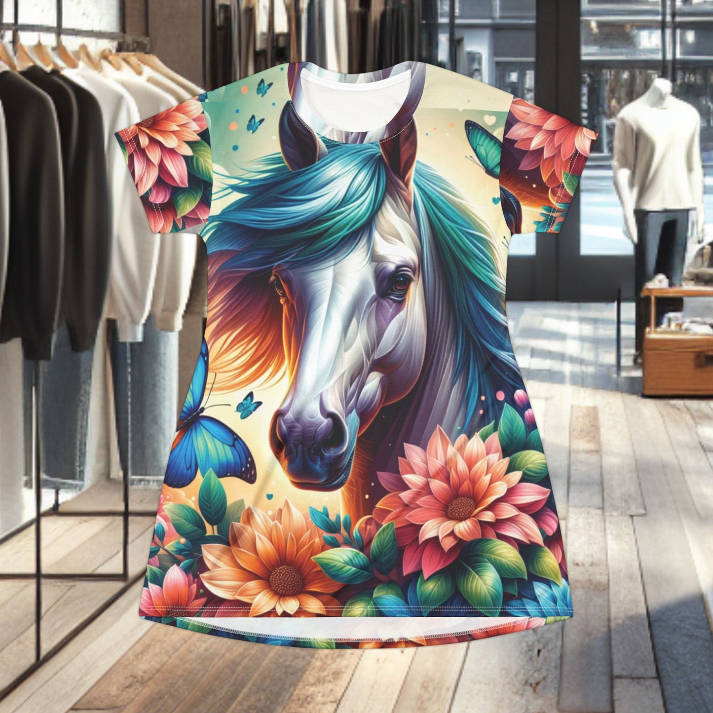 Horse & Butterflies Floral T-Shirt Dress — Colorful Horse-Inspired All-Over Print