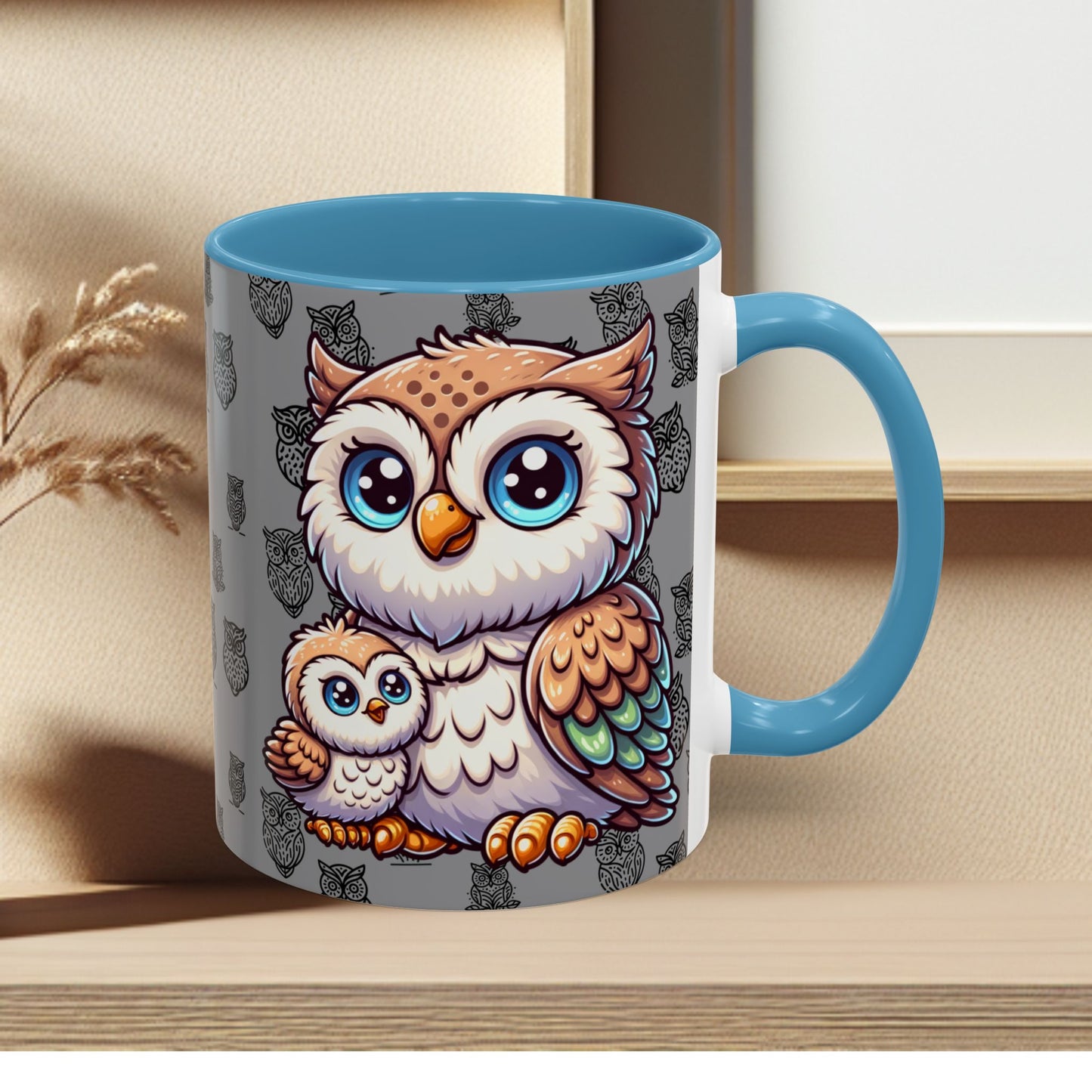 Gray Coffee Mug - Owl Family - Colorful Inspirational Owl Design