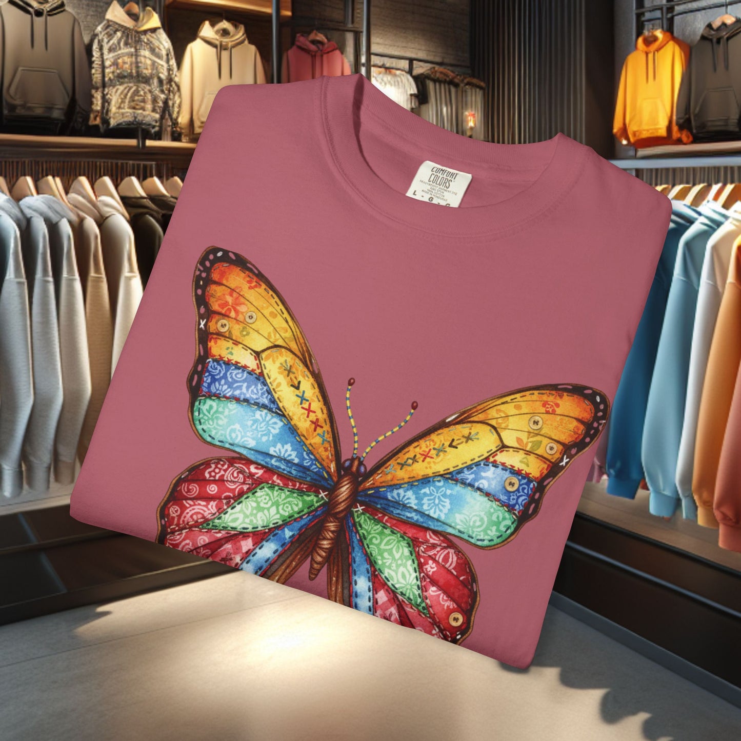 Bright Colorful Patchwork Butterfly T-Shirt — pho Patchwork Garment-Dyed Top
