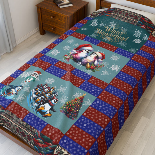 Winter Wonderland Velveteen Plush Blanket — Penguins at Play & In Love Throw