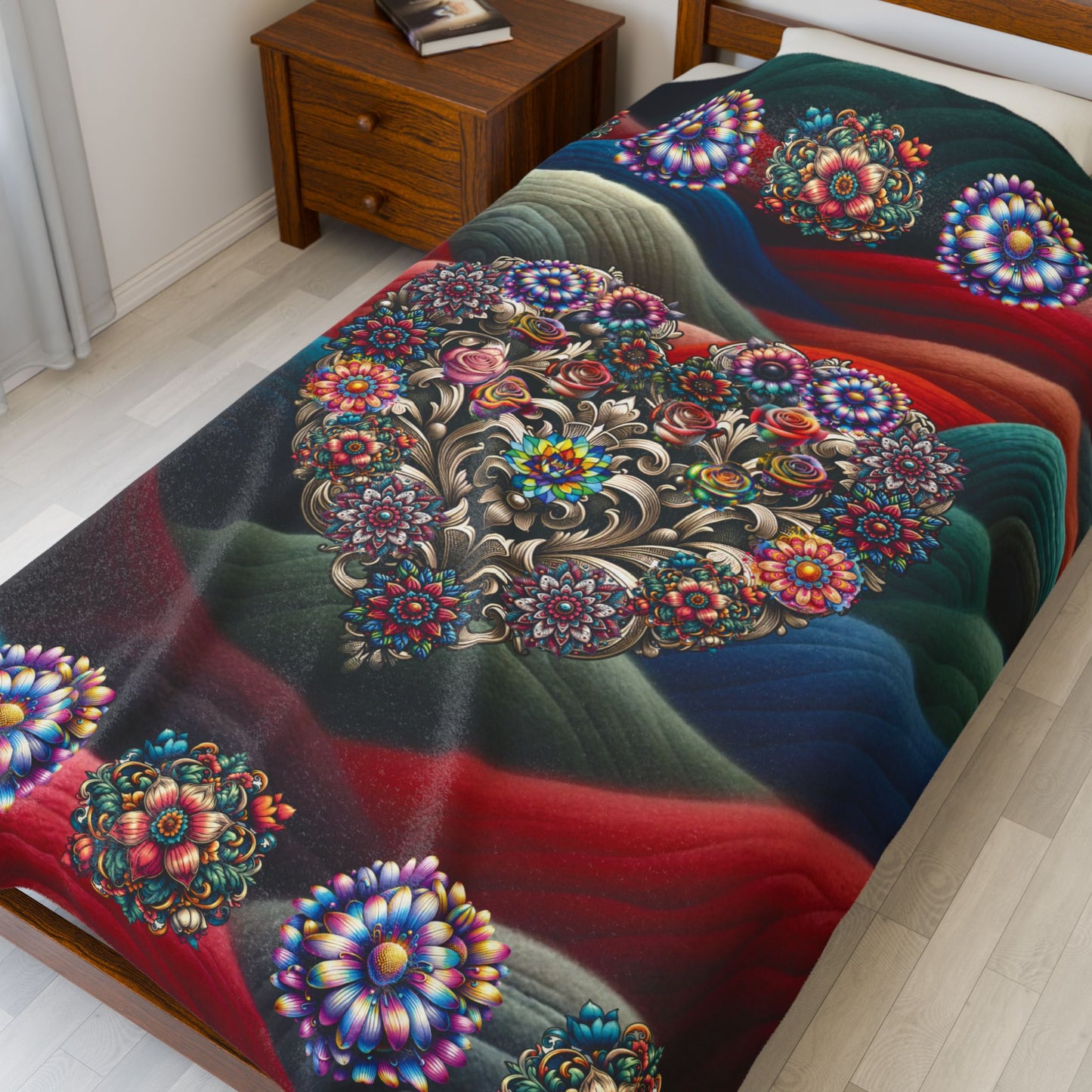 Flower Heart Velveteen Plush Blanket — Cozy Heart-Filled Floral Throw