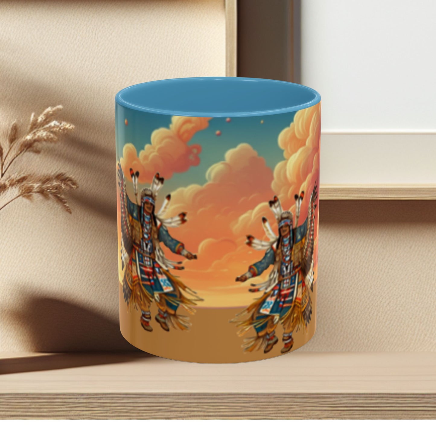 Sunset Powwow Ceramic Mug — Native American Dancer Accent Coffee Mug (11/15oz)