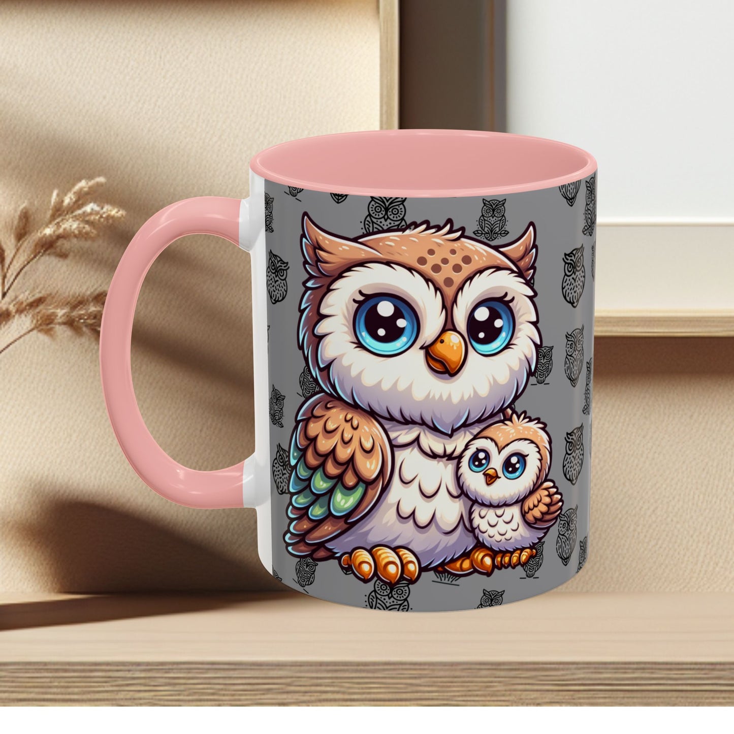 Gray Coffee Mug - Owl Family - Colorful Inspirational Owl Design