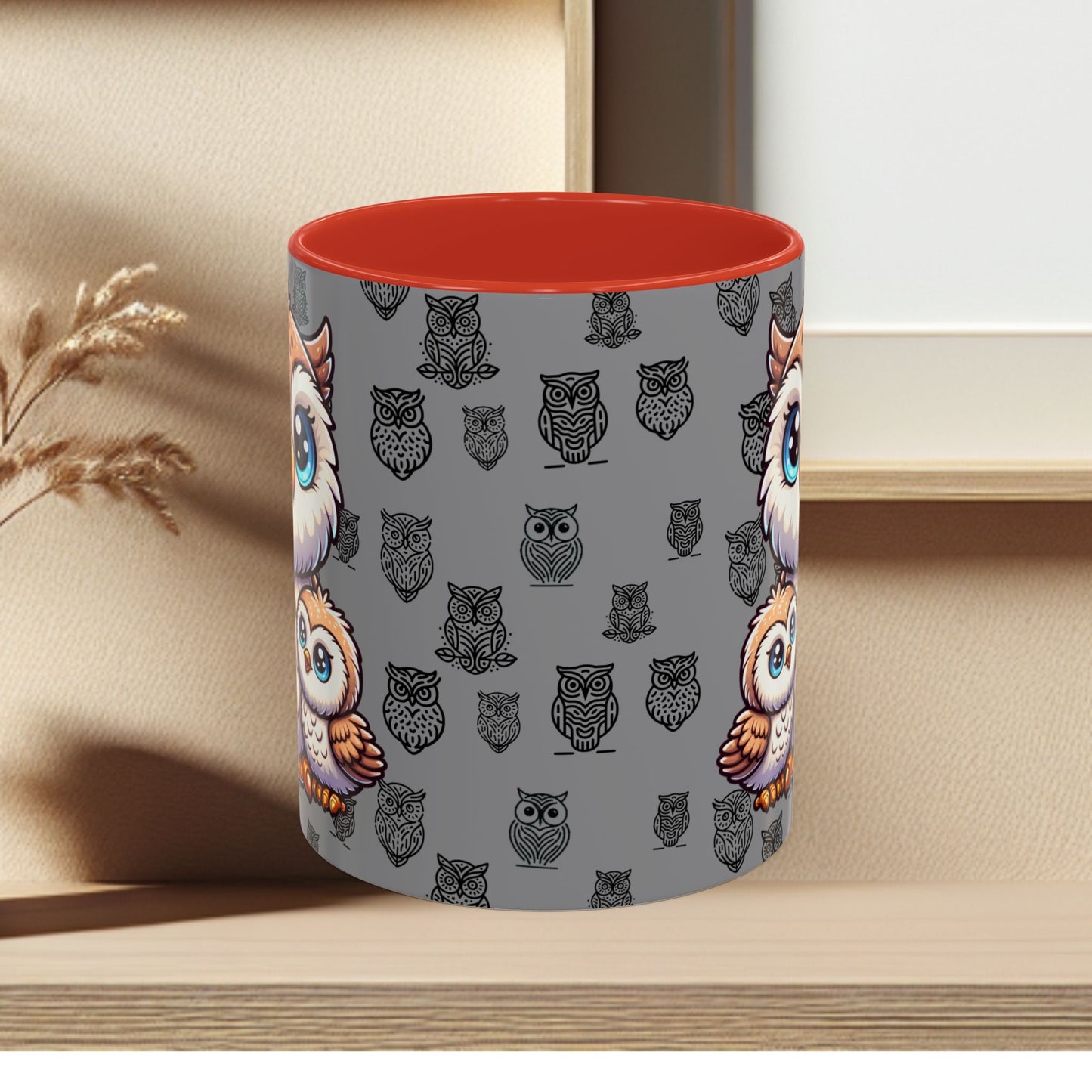 Gray Coffee Mug - Owl Family - Colorful Inspirational Owl Design